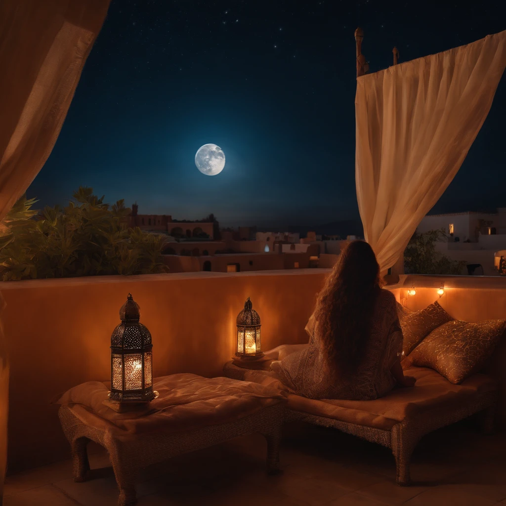 hyper realistic photo, ultra detailed photograph of a beautiful Moroccan rooftop, woman from behind, face hidden, towards view, lonely, photorealistic, riad rooftop, Amazigh pillows, Marrakech view, stunning moon, shimmering stars, iridescent, back of long hair in soft breeze, hyperrealism, moroccan lamps, Ultra photoreal, Intricate details, Ultra detailed, elegant photorealistic, great high details, hyper real photo, 8k, extreme quality, gorgeous roses, exotic, glimmering lights, magical, romantic, riad lounge on roof, wishing