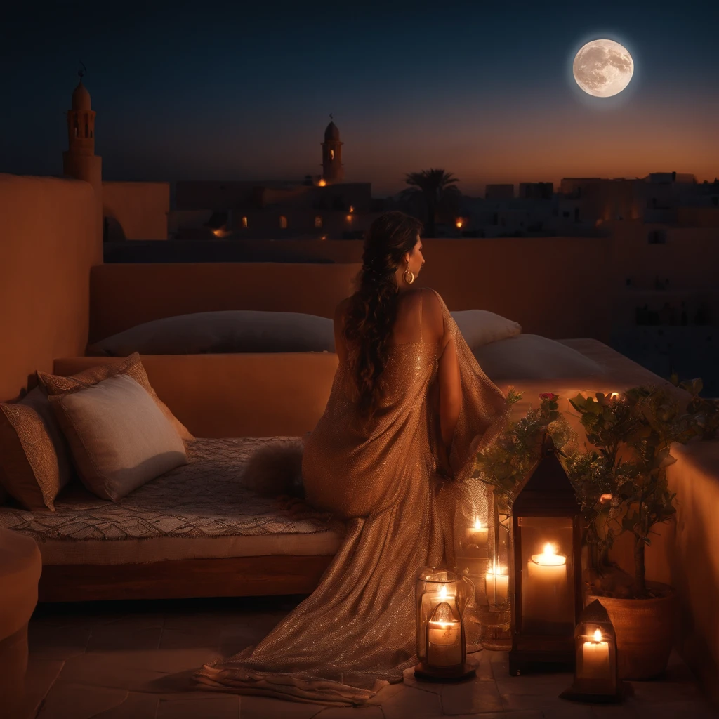 hyper realistic photo, ultra detailed photograph of a beautiful Moroccan rooftop, woman from behind, face hidden, towards view, lonely, photorealistic, riad rooftop, Amazigh pillows, Marrakech view, stunning moon, shimmering stars, iridescent, back of long hair in soft breeze, hyperrealism, moroccan lamps, Ultra photoreal, Intricate details, Ultra detailed, elegant photorealistic, great high details, hyper real photo, 8k, extreme quality, gorgeous roses, exotic, glimmering lights, magical, romantic, riad lounge on roof, wishing