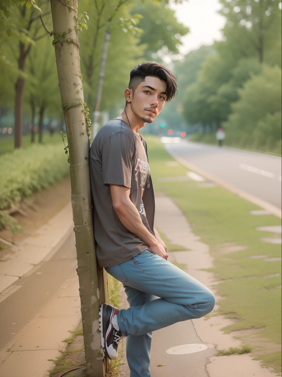 RAW photo, a portrait photo of y.o man in casual clothes, night, city street, (high detailed skin:1.2), 8k uhd, dslr, soft lighting, high quality, film grain, Fujifilm XT3