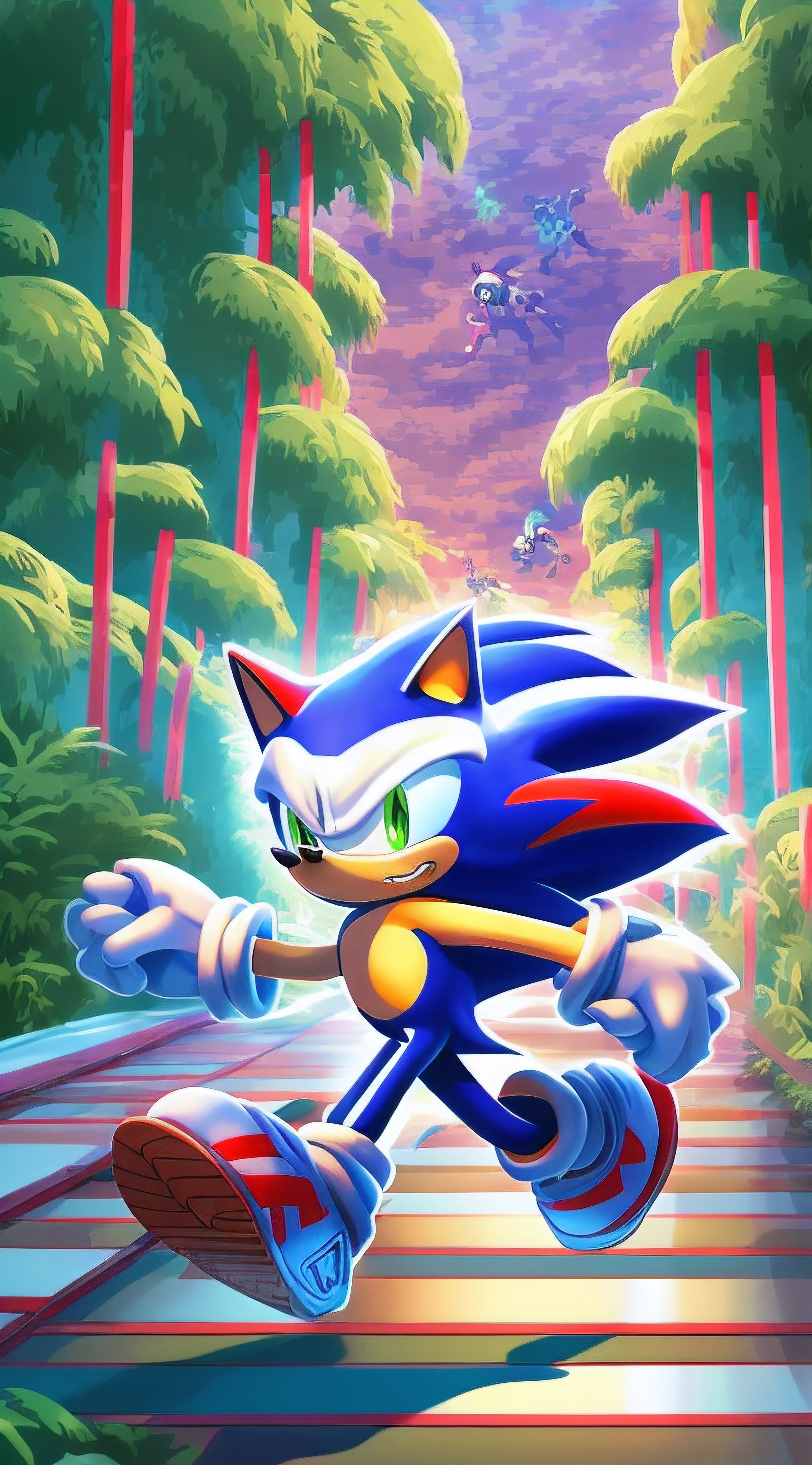 Pixel art, Sonic the Hedgehog: detailed spiky blue fur, iconic red and white sneakers, energetic and determined expression, running at high speed, surrounded by loops and rings, with a beautiful green landscape in the background, vibrant and dynamic composition, comic book style, vivid colors, perfectly capturing the essence of speed and adventure, soft natural lighting, created with a digital art medium, best quality, high resolution, ultra-detailed, realistic rendering, emphasizing the sleek and aerodynamic design of the character, fast-paced action, motion blur effect, showcasing the excitement and thrill of Sonic's adventures.