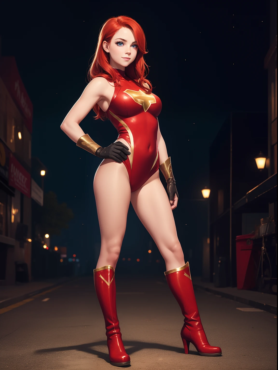 (best quality, masterpiece), 1girl, solo, glitter, leotard, bare legs, particle, superhero, boots, gloves, clenched fists, standing, hands on hip, smile, city backdrop, beautiful detailed eyes, american, age 22, redhead