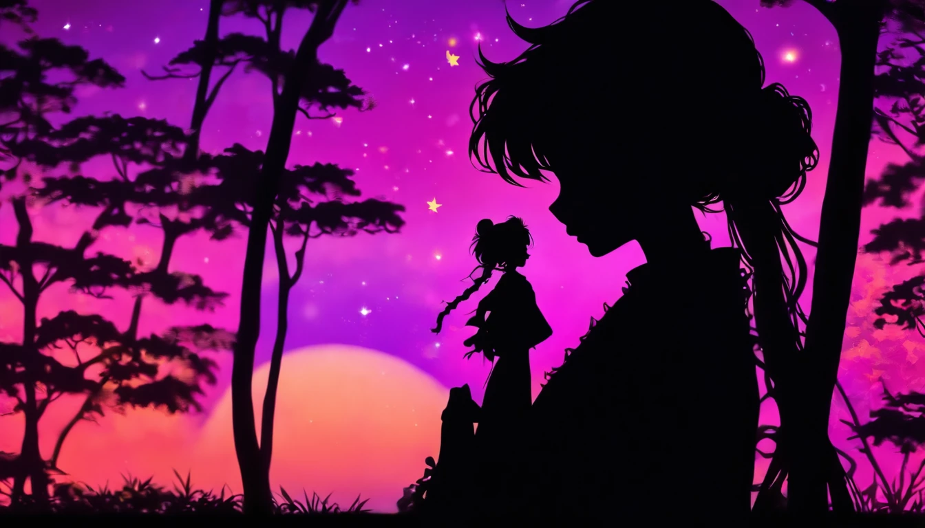 (Silhouette Art,cutouts:1.6)
(((Paper cutting art,A world where only black exists:1.3)
(Cowboy Shot),1 girl,Solo,
(Kimono Girl,profile:1.2),white, Clear and beautiful face,
BREAK
(Purple Moon、Manju Sawar)
Textured glass background,