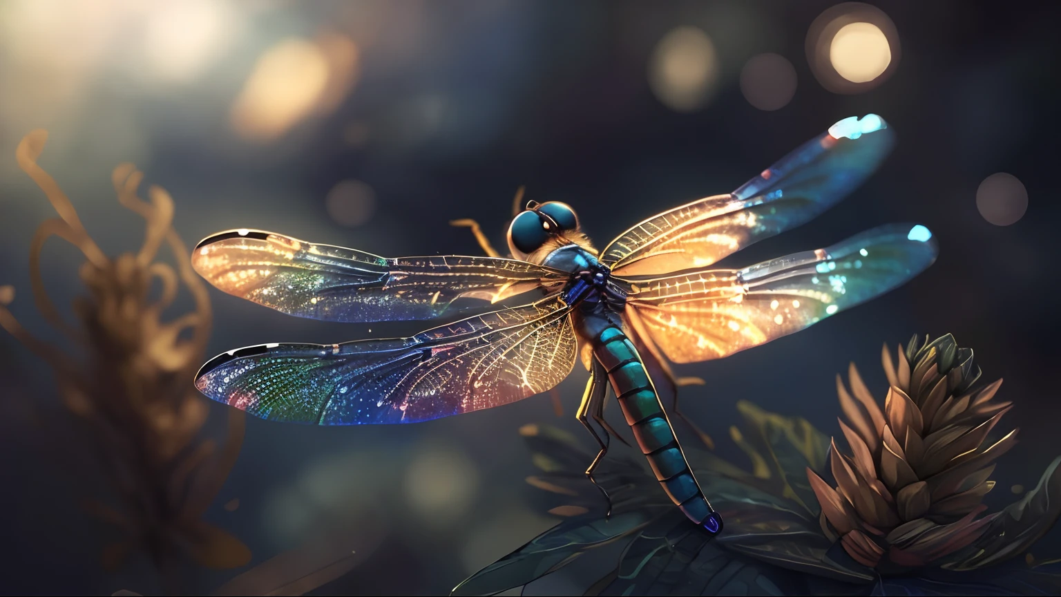 a close up of a dragonfly with a blue and gold wings, dragonfly, that looks like a dragonfly, dragonfly-like, 4k highly detailed digital art, dragonfly-shaped, dragonflies, luminescence,highly detailed, mystical insects, that has the form of a dragonfly, exquisite and handsome wings, beautiful digital artwork, (((dragonfly)))