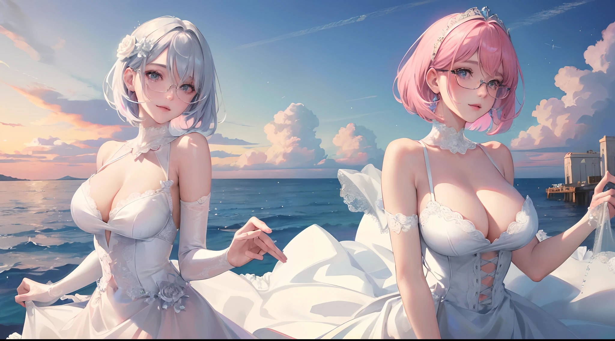 Official fine art, Masterpieces, Sharp Focus, (Beautiful, gorgeous and cute beautiful girl 1.3), Anime Beautiful Girl, Delicate and beautiful multicolored hair, Delicate and beautiful eyes and face, , Wearing white stockings, Realistic, Ultra-detailed, Beautiful Girl, Standing at sea, Glowing White Particles, (side lights: 1.2), Sunlight, white clouds, delicate clouds, slender, Smile, landscape, Short bob hair, Thin platinum pink hair, Shining pink platinum eye, Hair Accessories, Epic Landscapes,Red glasses、huge tit、large full breasts、H-cup、Pink rose、Slouched、Poses that emphasize the chest