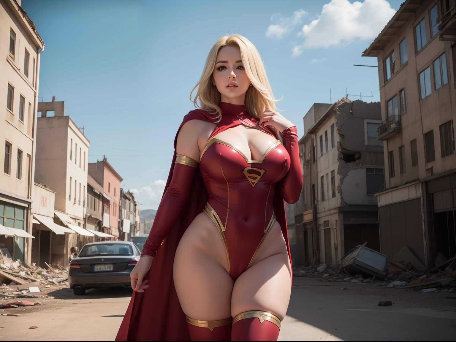 Supergirl milf loira plus size, corpo inteiro plus size, Perfect hand details, flying through the sky, Background city destroyed, Fantasia Sexy Supergirl bodysuit, mostrando as pernas, Showing the pubis, visible crotch, micro calcinha vermelha, top azul, top decotado, barriga saliente, visible whole body, blonde hair, capa vermelho de fluxo longo, Background of an apocalyptic destroyed city, daytime period, lifelike lighting, Perfect hand details, realistic medium breasts, decote, barriga saliente, seios coberto, roupa colada.