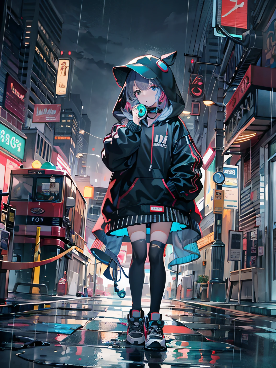 masterpiece, girl alone, solo, incredibly absurd, hoodie, headphones, street, outdoor, rain, neon,