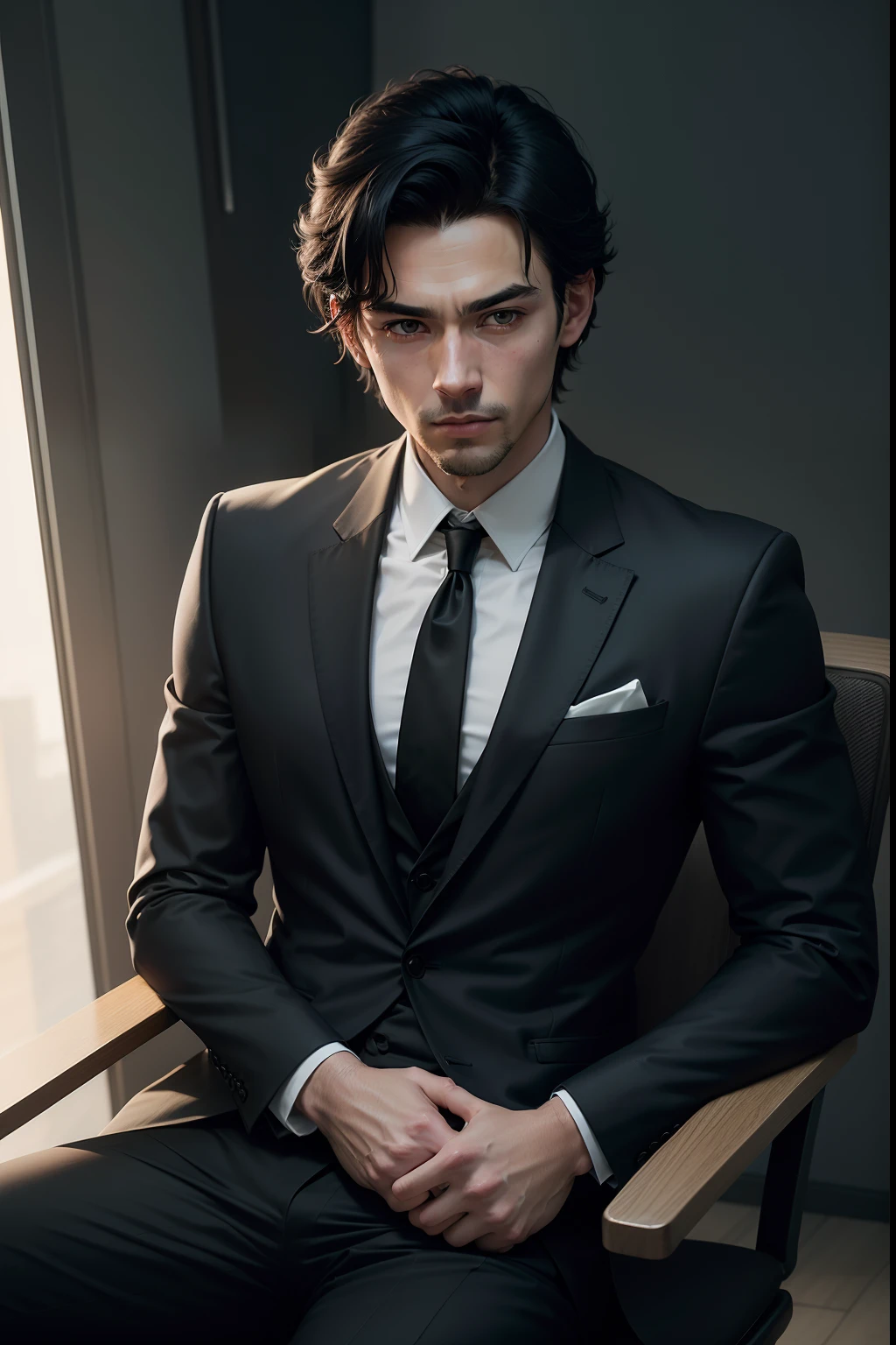 ((Half body))Photo Man sitting on chair in CEO office of RAW、wearing black suit、a scene from a movie、(impeccable)、Serious and elegant man、short dark hair、Dark black background image、Elegant(High-quality, realistic images)、(High-quality, realistic images)、(Best Quality、8K、masutepiece)