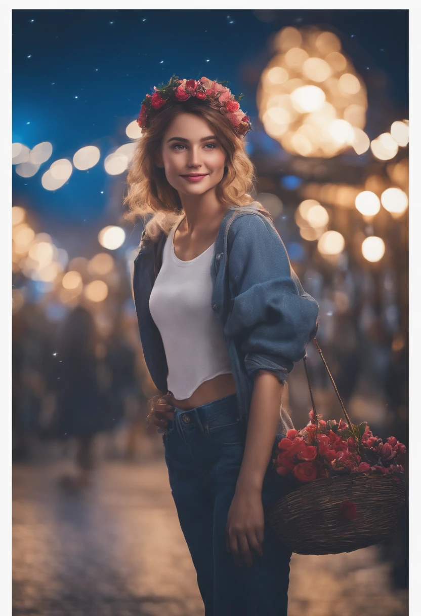 Best quality, High_Resolution, distinct_image, Detailed background ,Girl, random wear,flower, Night sky,Dutch angle, Wide shot,Shy smile, crown,
