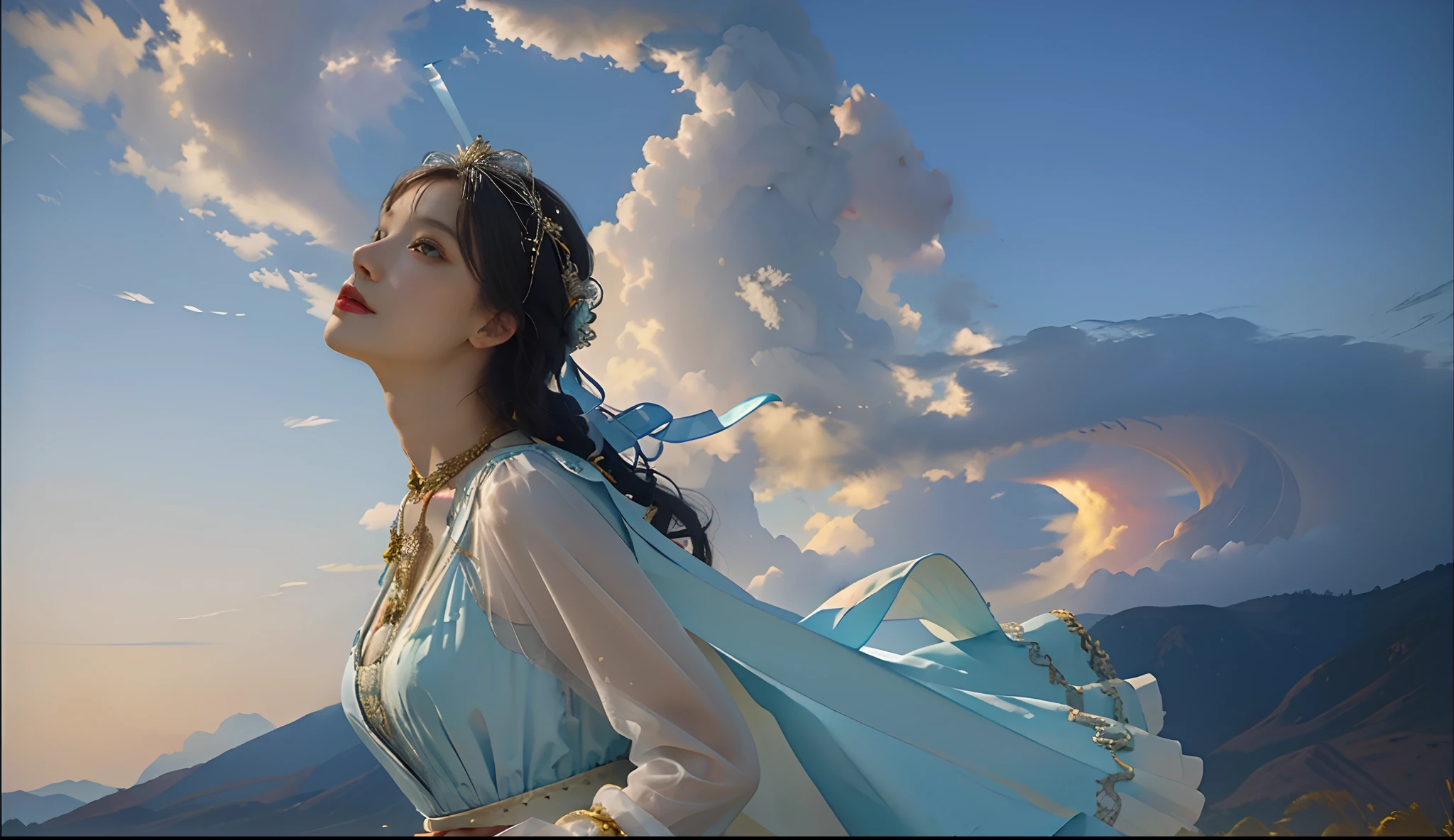 A painting of a woman holding a colored divine stone and divine fire, looking up at the sky, the sky pouring flood, snake woman mixed, mythological colors, morebach, Peter molbach style, peter molbach c 2 0, art style in molbach, pyoter molbach style, snake woman in white gauze dress, in pyoter molbach style, snake queen without legs, peter molbach and artistic reproduction, looking up at the sky, depth of field, colored ribbons
