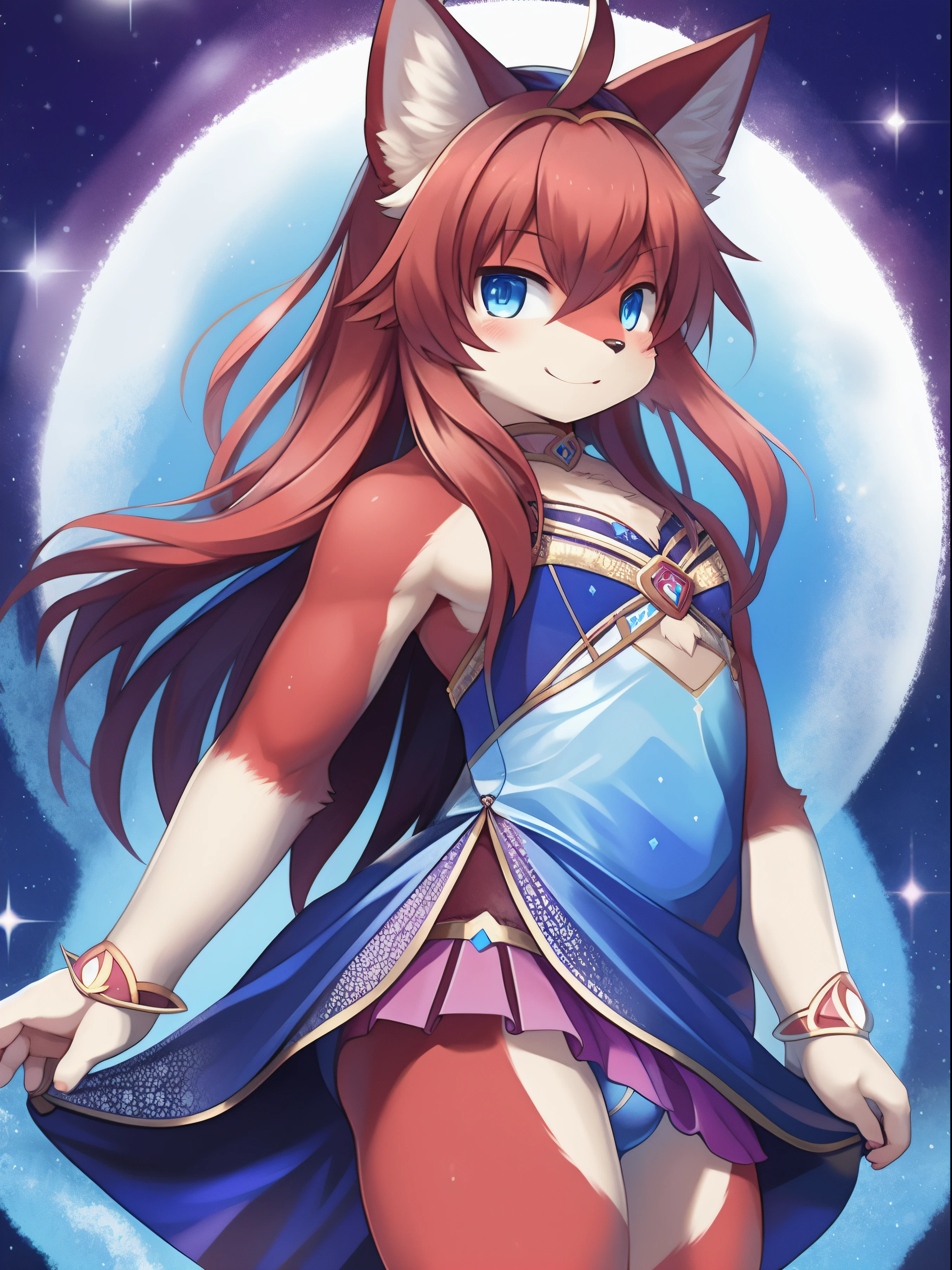 masterpiece, 1boy, Furry, kemono, furry cat, anthropomorphic, male, red fur, red skin, blue eyes, magical girl theme, long hair, revealing clothes, magical girl outfit, blue magical girl dress, femboy, sexy pose, uploaded on e621,