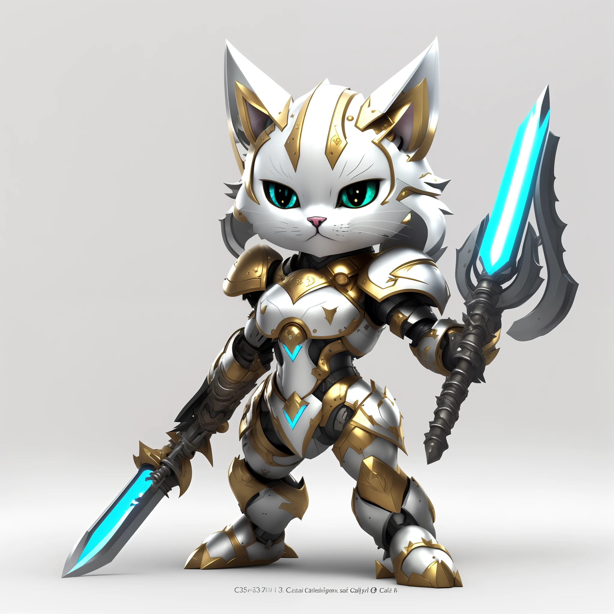 Close up of cat holding sword and sword, the golden cat armor knight, armored cat, cyborg kitten, Cat Warrior, armored feline companion, cute 3d render, 3d rendering stylized, cyborg cat, wearing golden cat armor, cyborg cat, 3 d render official art, fully robotic!! catgirl, fully robotic!! Cat, glossy white armor