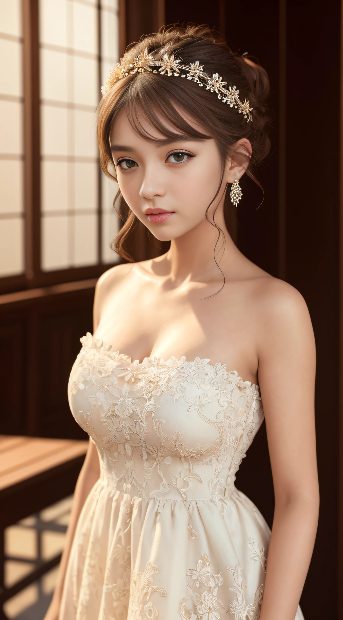 (sweat:0.7),Light yellow wedding dress,white short skirt,woman,japanese,exquisite face, beautiful face,bare shoulders,shoulders slightly exposed,translucent skin,black eyes,black hair,(photorealistic:1.4),realistic details, high resolution,bokeh,outstanding details