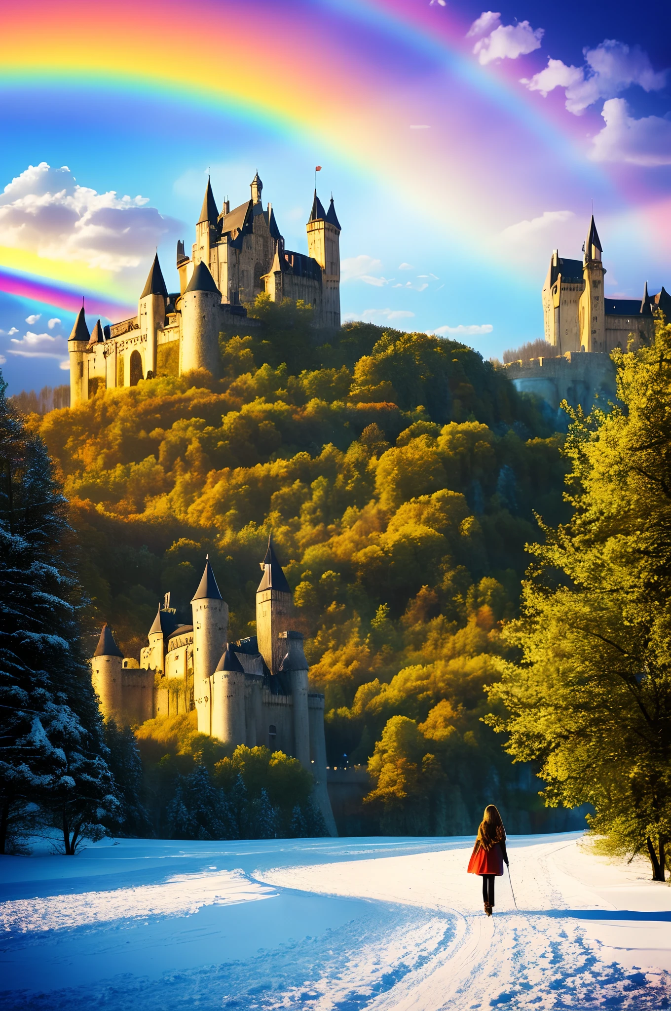 Realistic, A beautiful young girl walks out of the castle, ( castle in background ),rainbow,fractal art,snow