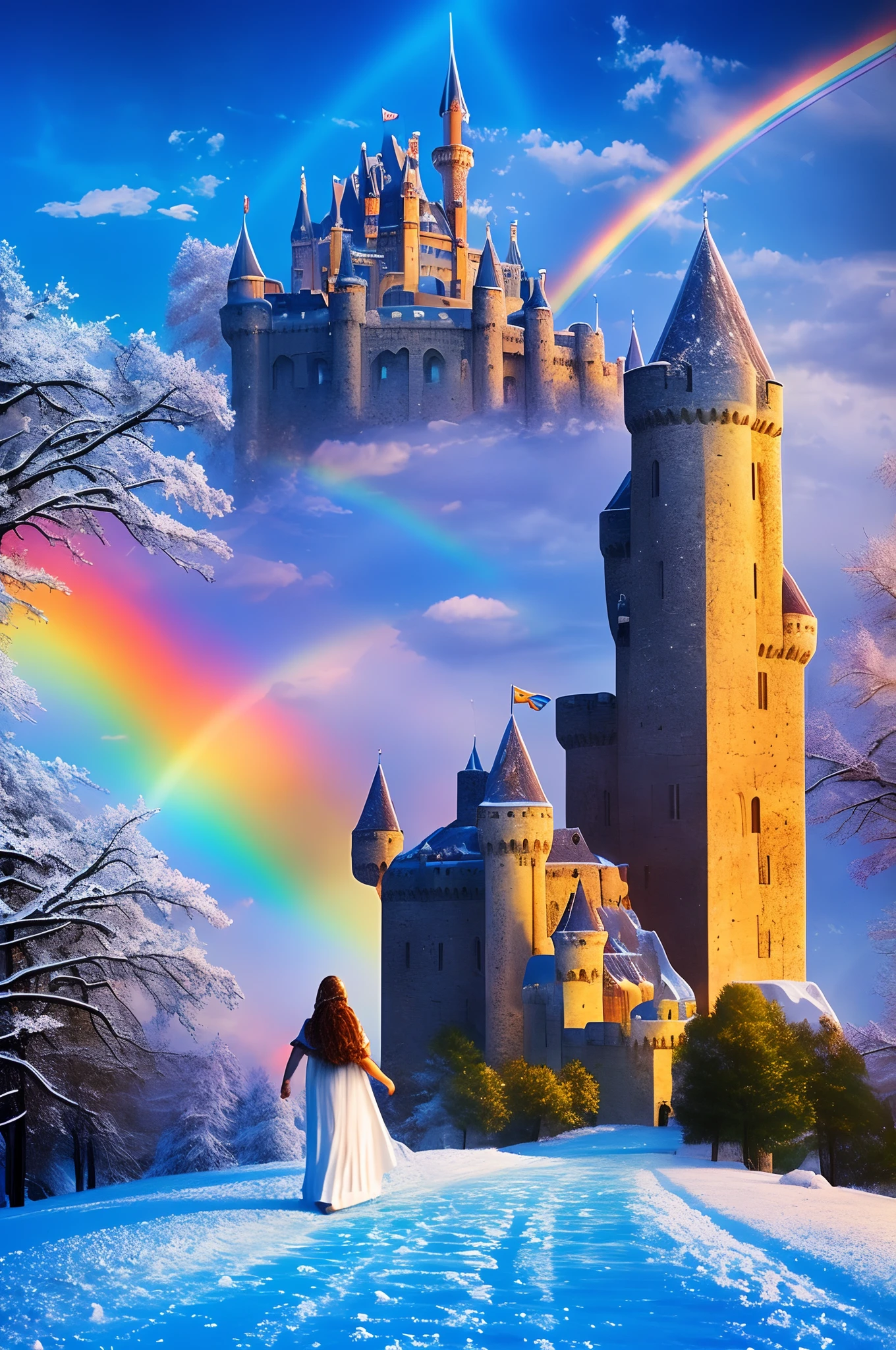 Realistic, A beautiful young girl walks out of the castle, ( castle in background ),rainbow,fractal art,snow