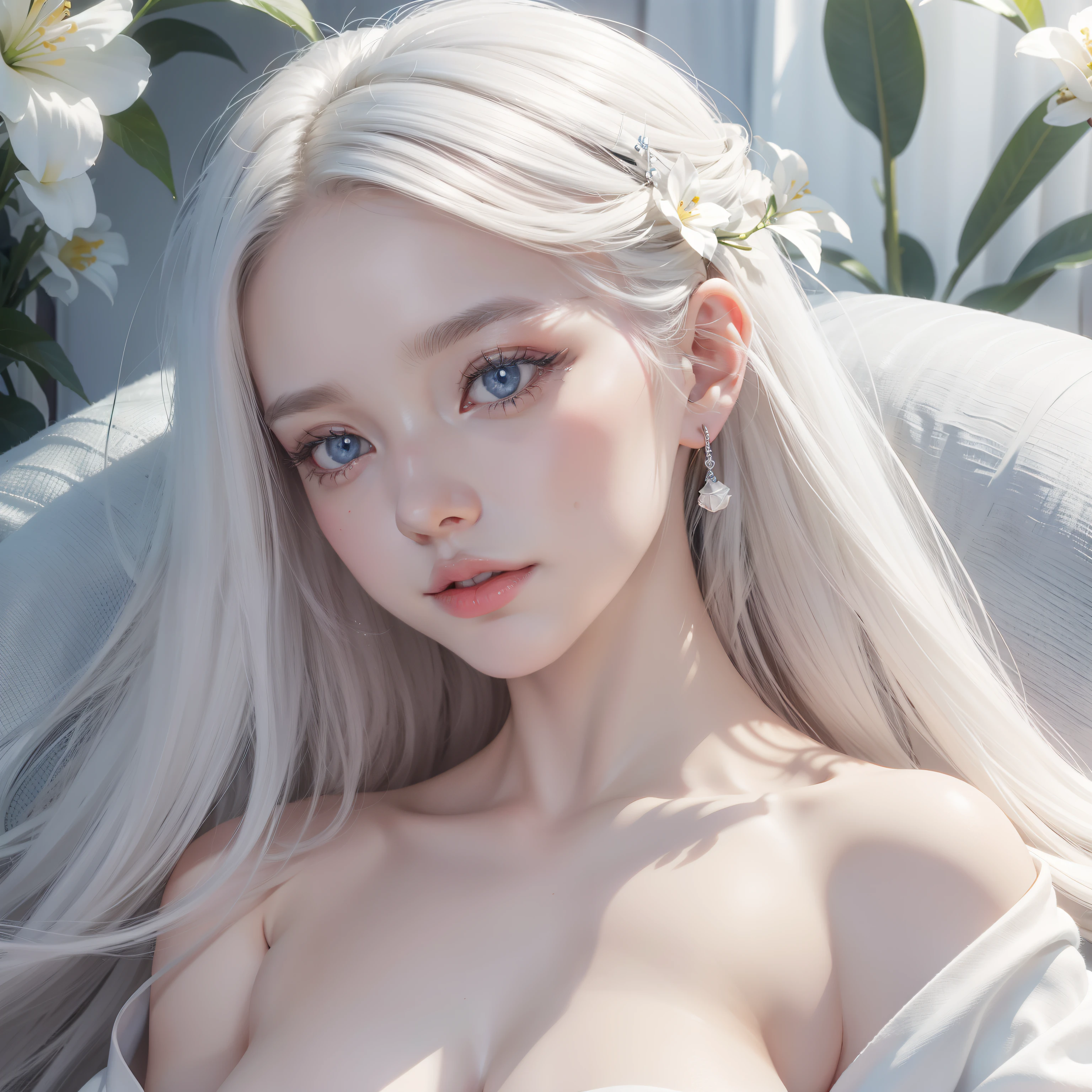 White goddess blue eyes in human shape、beautiful body of a flower of a very attractive age with white pubic hair,,,,,Naked,In white beds,Get pleasure