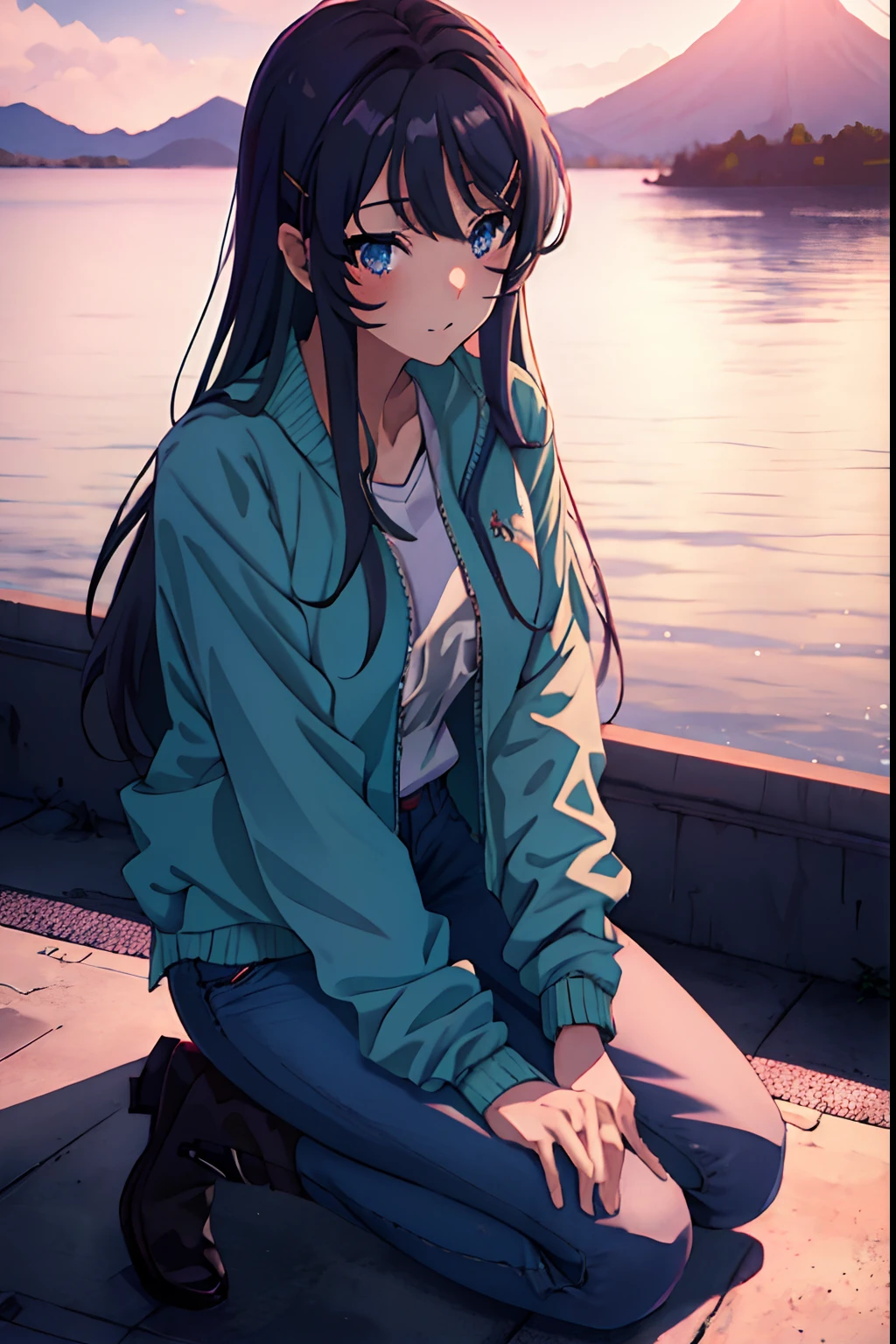 masterpiece, best quality, 8k wallpaper, 1girl, full body,beautiful detailed eyes, jeans, windbreaker,lora_sakurajima_mai, sakurajima_mai, blue eyes,