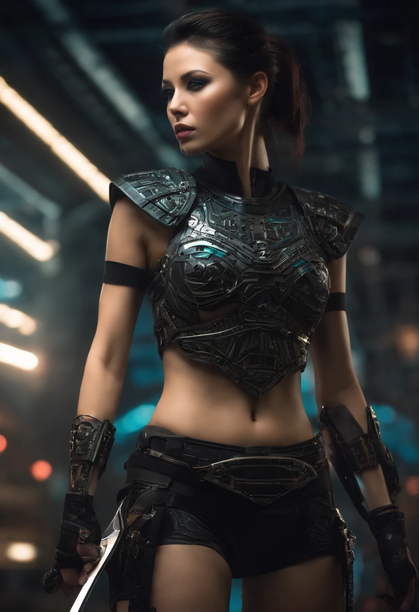 a futuristic female warrior holding a katana, (finely detailed skin), pale skin, (in a deep neckline highly detailed sexy futuristic cyberpunk black crop top and underpants made of circuit boards, japanese words with a flare effect, beautiful epic composition, futuristic, masterpiece, appealing, posing for a photo