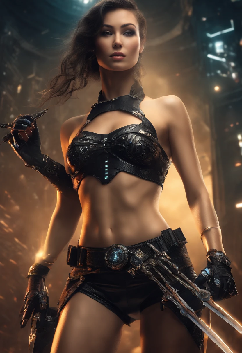 a futuristic female warrior holding a katana, (finely detailed skin), pale skin, (in a deep neckline highly detailed sexy futuristic cyberpunk black crop top and underpants made of circuit boards, japanese words with a flare effect, beautiful epic composition, futuristic, masterpiece, appealing, posing for a photo