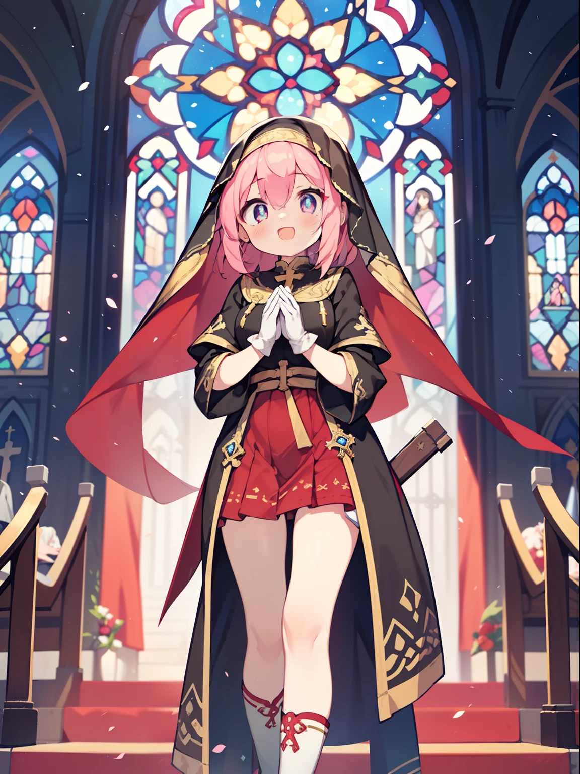 (1girl in:1.2), (Solo:1.2), nffsw、Shaders、Brilliant Textured Work、Ultra-detailed eyes、ultra-intricate pupil in eyes、top-quality、Pink hair、Pink monastic clothing、sister、clergyman、chies、stain glass、Cross Figurines、Red carpet with gold embroidery、closing eye、Say a Prayer、a miniskirt、Sister's Veil、Standing Picture、Open your mouth and laugh、length hair、straight haired、Sister's Shoes、White long gloves、