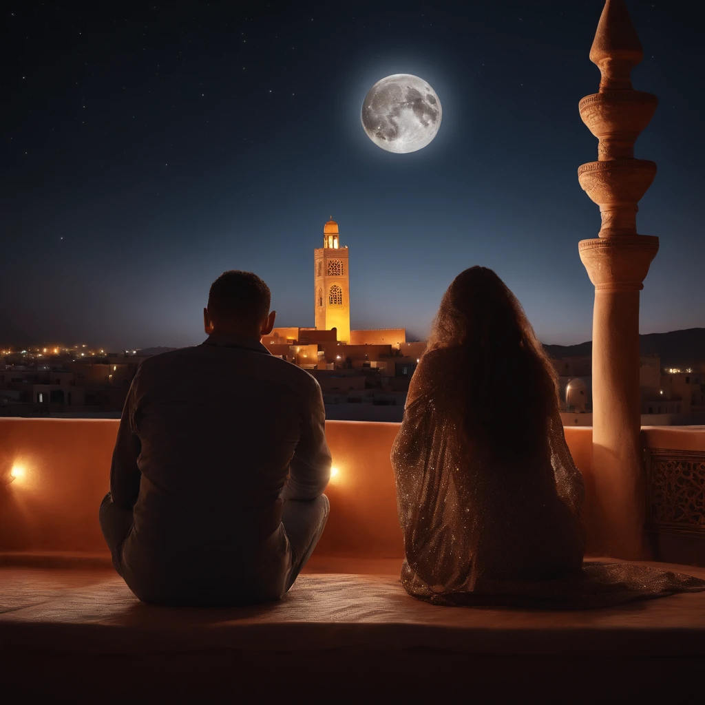 hyper realistic photo, ultra detailed photograph of a beautiful Moroccan rooftop, man and woman from behind, face hidden, towards view, praying together, photorealistic, riad rooftop, Amazigh pillows, Marrakech view, stunning moon, shimmering stars, iridescent, hyperrealism, moroccan lamps, Ultra photoreal, Intricate details, Ultra detailed, photorealistic, great high details, hyper real photo, 8k, extreme quality, gorgeous roses, exotic, glimmering lights, magical, romantic, wishing