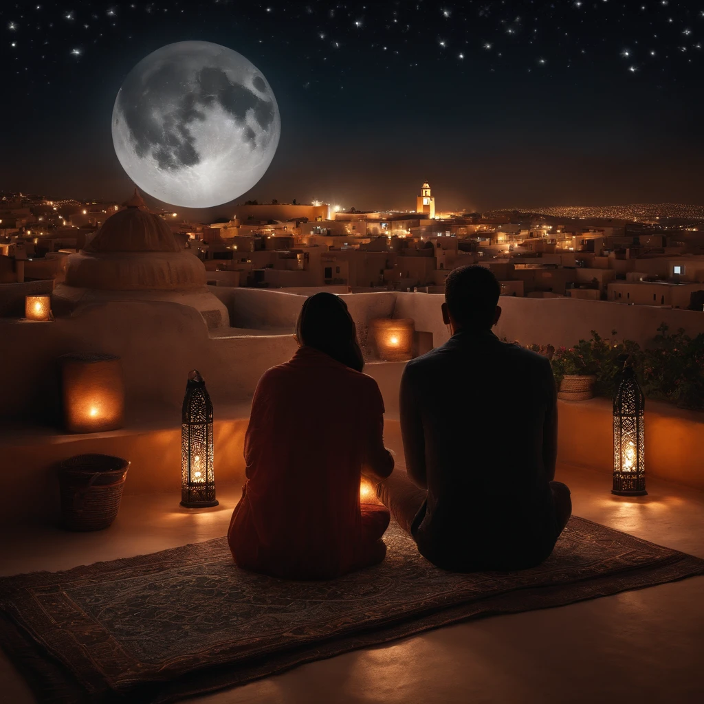 hyper realistic photo, ultra detailed photograph of a beautiful Moroccan rooftop, man and woman from behind, face hidden, towards view, praying together, photorealistic, riad rooftop, Amazigh pillows, Marrakech view, stunning moon, shimmering stars, iridescent, hyperrealism, moroccan lamps, Ultra photoreal, Intricate details, Ultra detailed, photorealistic, great high details, hyper real photo, 8k, extreme quality, gorgeous roses, exotic, glimmering lights, magical, romantic, wishing