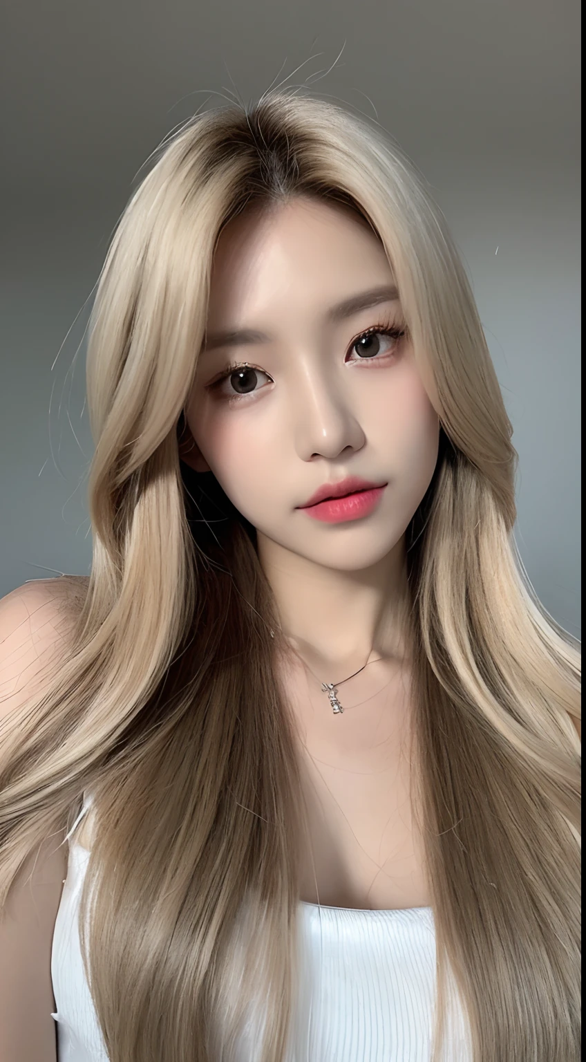 ((Realistic lighting、top-quality、8K、masterpiece:1.3))、Clear focus:1.2、1girl in、flawless beauty:1.4、、Neat and clean clothing、One-piece clothes、Superfine Face、Narrow-eyed、二重まぶた、lighting like a movie、photos realistic、28 year old、Face like a K-pop idol、white backgrounid、Gray background、Mature Woman、Classy makeup、Angle of pull、length hair、Longhaire、Long hair、Straight hair、Korea person、Rolled hair、blondehair、blonde hair、Bright hair