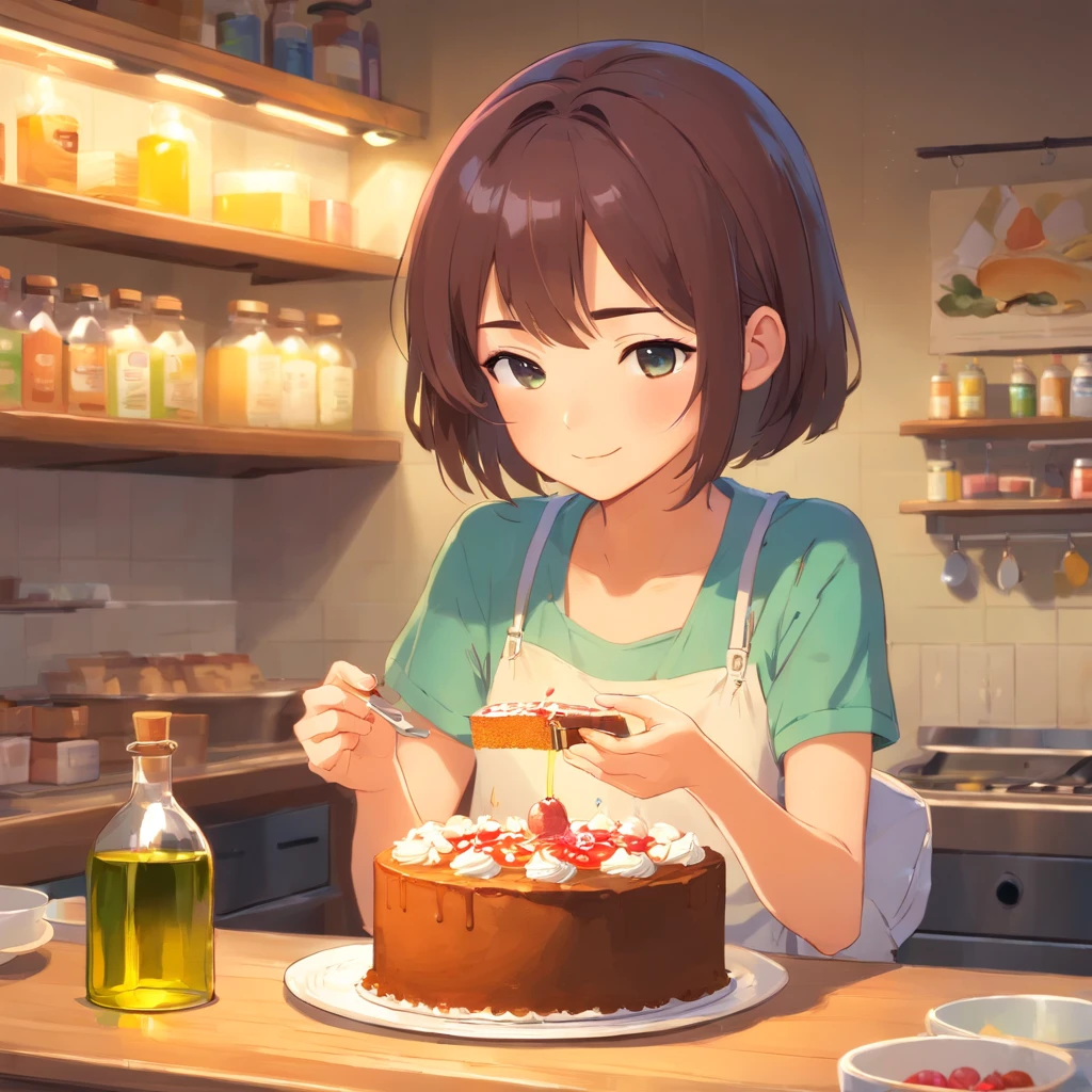 Korean girl makes cake，She holds a bottle of olive oil in her hand。