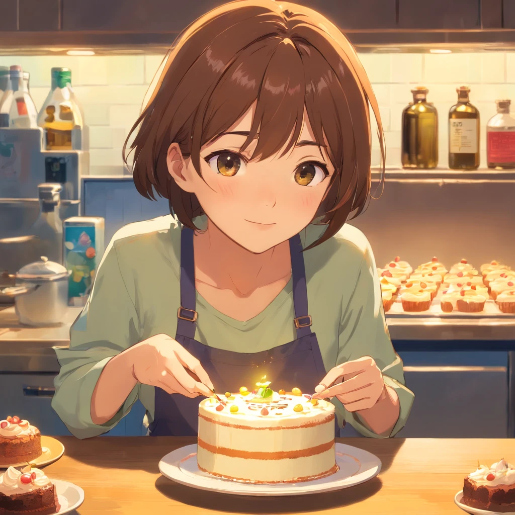 Korean girl makes cake，She holds a bottle of olive oil in her hand。