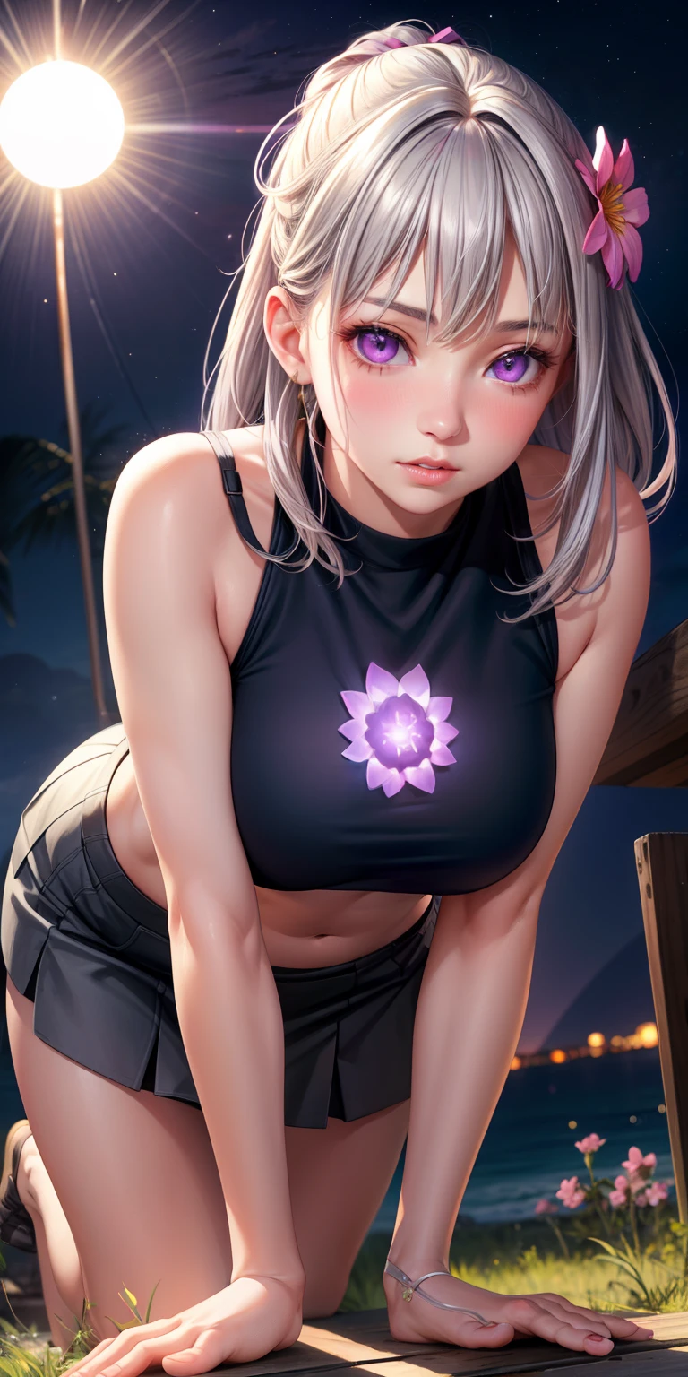 realistic, girl single, gray hair, purple eyes, glowing eyes, crop top, skirt, parted lips, blush, night, flower, sun, sunlight, all fours
