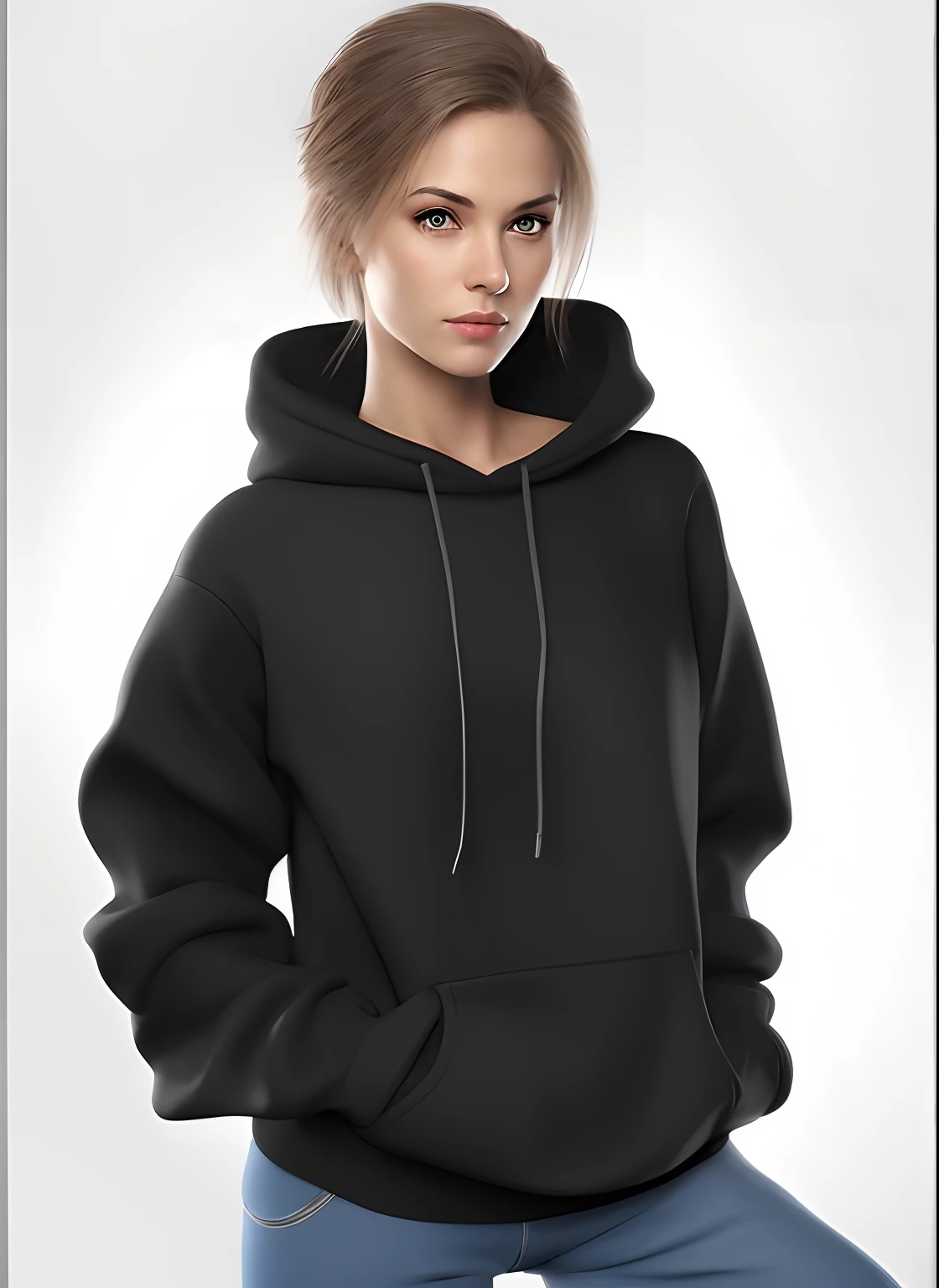 blonde 25 years old, with hairstyle Bob Bob in a black hoodie, Standing KBWJV in front of the camera, in a black hoodie, in a black hoodie, black hoodie, a girl in a hoodie, black hoodie, photograph of a techwear woman, In an oversized sweatshirt, in a black hoodie, hooded sweatshirt, Rear view, black clothing, long shot from back, back - view, white background, white background around