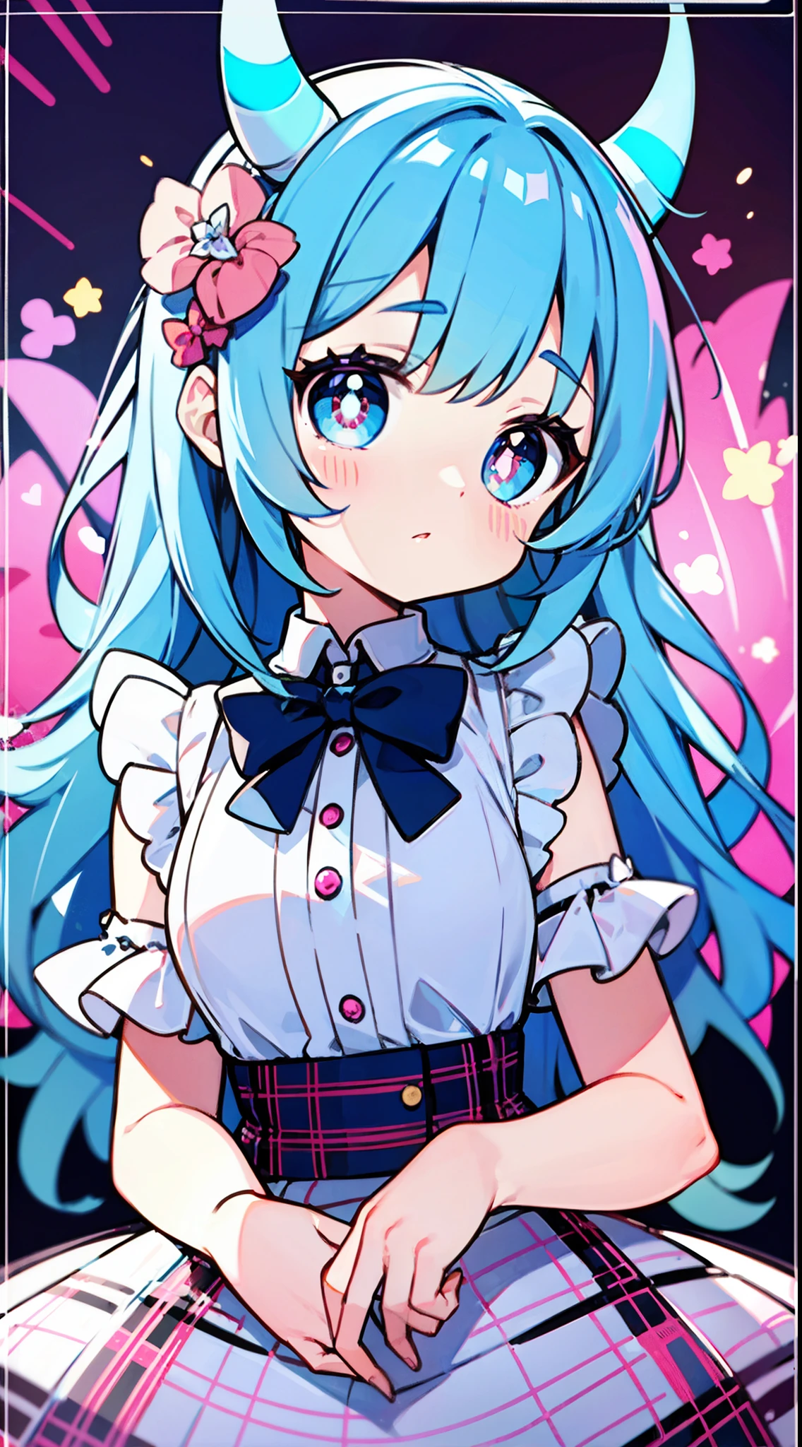 masterpiece, best quality, ultra detailed, beautiful shading, cinematic ligthing, studio lights, cute, kawaii, big eyes, flower pattern on pupil, shaped pupil , cute polka dot pattern on bows, plaid, light pink colored hair,Powder-blue pupils,Wear pink and blue maid outfits,Sweet girl with pure white,full body, full shot, horns, little devil, wow