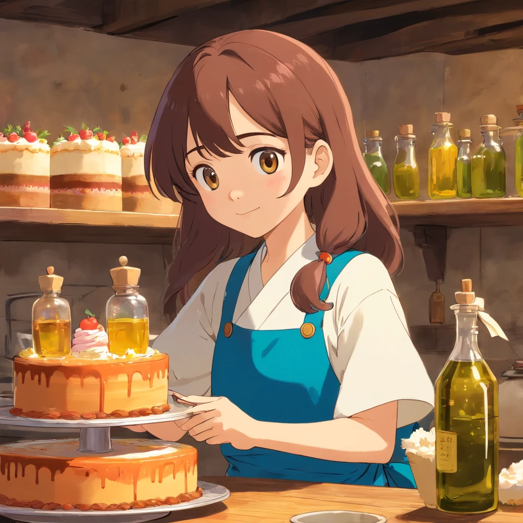 Korean girl makes cake,She holds a bottle of olive oil in her hand。