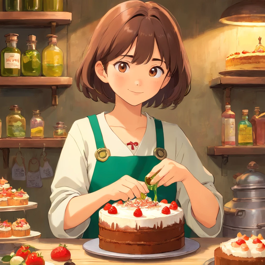 Korean girl makes cake，She holds a bottle of olive oil in her hand。