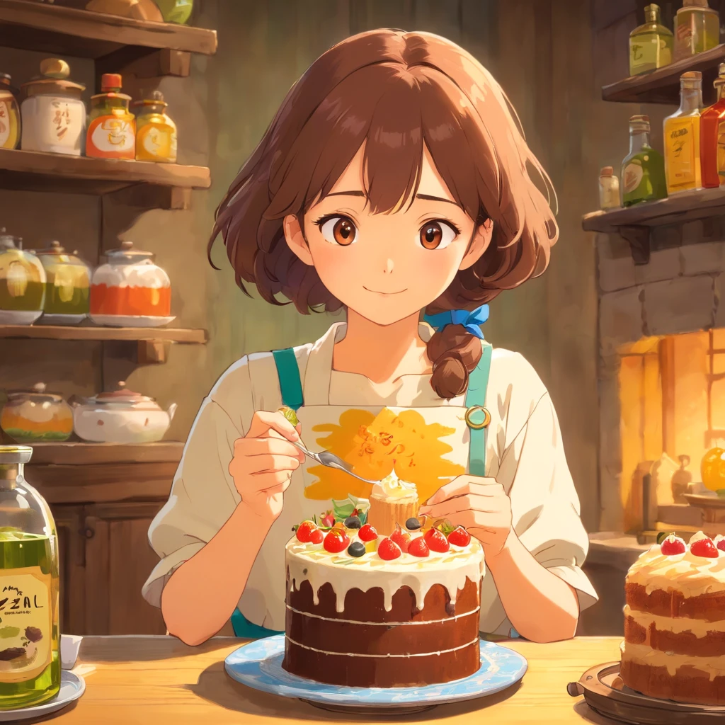 Korean girl makes cake，She holds a bottle of olive oil in her hand。