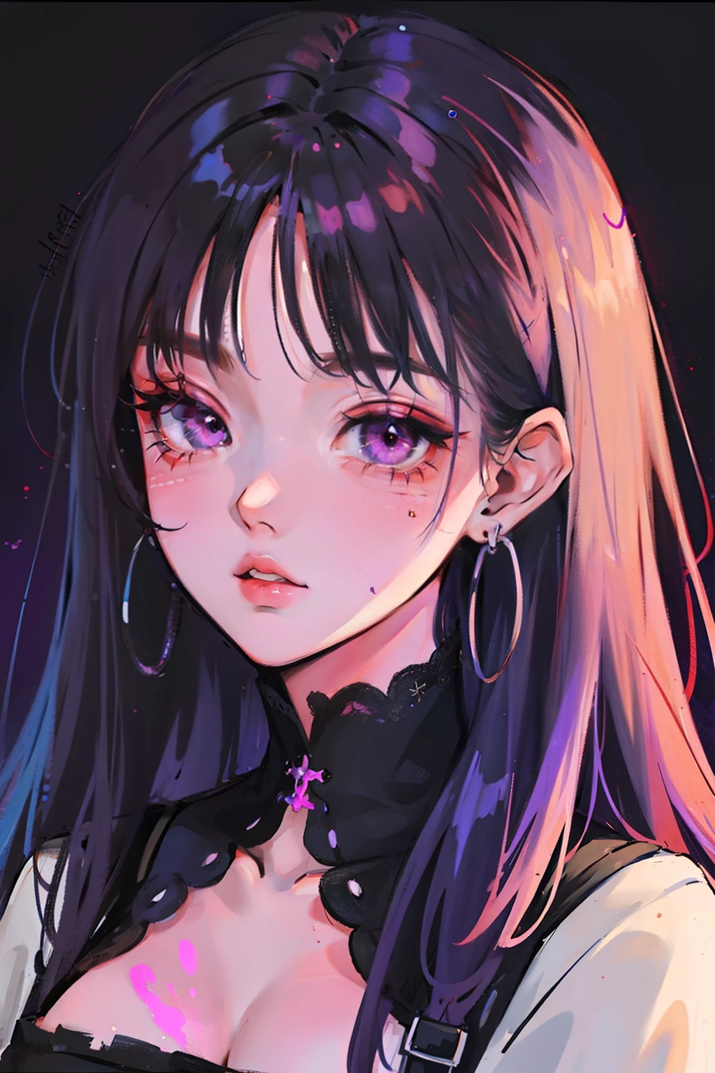 (Portrait:1.4), (masutepiece:1.2, Best Quality:1.2), bottom-up, Full body, 1 girl with purple hair, Solo, Looking down, Face Focus, Extreme facial details, Cool eyes, extremely detailed eye, goodlooking, makeup, Fingers on lips, Red Eyes, Thin, slim, white fur coat, Black tights, earrings, (Marco) Cafe) purple color hair Gothic ta dark Halloween