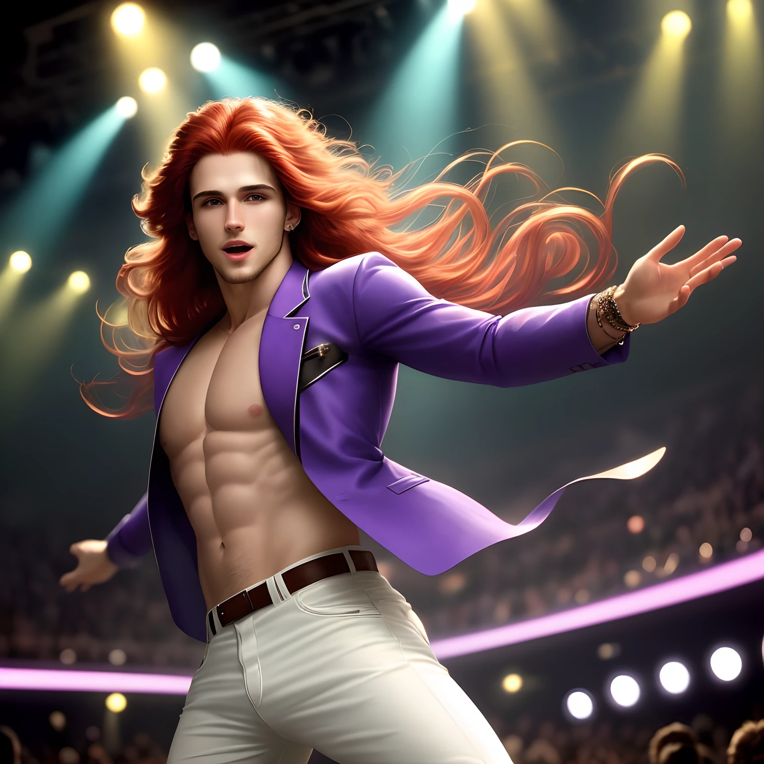 um homem jovem de aproximadamente 20 anos, with long, red hair that reaches down to his shoulders and a thin beard. He's wearing a stylish, Purple jacket., sem camisa, Displaying your physique. Na parte de baixo, He wears a bell-bottomed jeans, that refers to the fashion of the 70s.
The man is in a disco, inspirado na era dos anos 1970. The environment is dark.., criando um clima misterioso, but at the same time it's brilliant, with colorful and dancing lights that illuminate the place. Isso faz com que a cena seja vibrante e cheia de energia.
He's dancing sensually, fun and relaxed, moving with fluidity and confidence in the rhythm of the music. His movements are inspired by the discotheques of the time, where dance was a form of expression and fun.
The image evokes a nostalgic atmosphere, Remembering the musical album "Confessions on a dance floor" da cantora Madonna, which also has references to the discotheques of the 70s. The description seeks to convey a sense of freedom, alegria e autenticidade e sensualidade, while the character indulges in the music and the environment around the ballad.