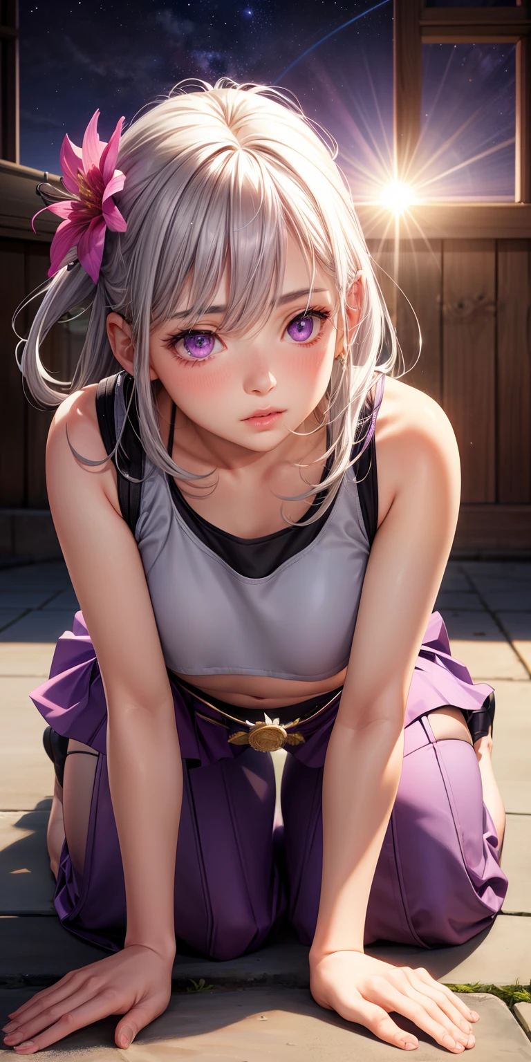 realistic, girl single, gray hair, purple eyes, glowing eyes, crop top, skirt, parted lips, blush, night, flower, sun, sunlight, all fours