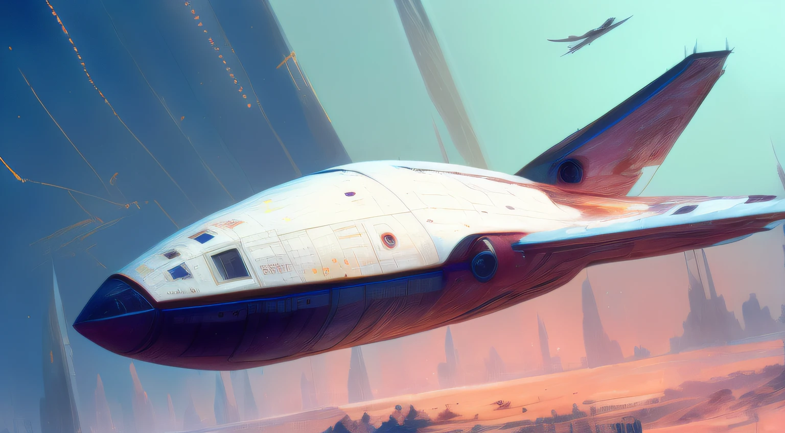 ((realistic)), ((painting)), spaceship, ((wings)), ((box design)), ((cockpit exterior)), ((sharp angles)), pink nebula, legs, ((silver hull)), flying through space, flying over lunar surface, ((realistic)), ((DSLR)), (Cinematic anime screencap,limited palette, :1.3), (best quality), (Analog Style) of a (futuristic spaceship :1.3) , (80s style:1.2), 1980, (retro:1.2), dramatic, , ((symmetrical)), , 8k, volumetric lighting, deep shadows, photorealistic, no humans,vehicle focus, unreal engin 5,octane render,(2D:1.2), ((limited palette)), flat color, digital painting, artstation, concept art, smooth, sharp focus,, (oil painting:1.16),(acrylic paint:1.16),(dreamlikeart:1.0),(__Hyperrealism:1.3),(__Photorealism:1.3),(Colorful:1.3),((retrofuturism)),(science fiction) by Craig Mullins, CGSociety,