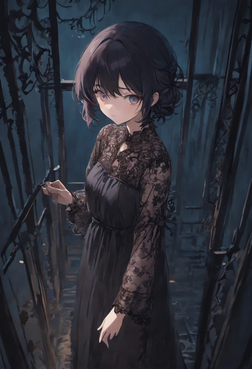 Best quality, masterpiece, ultra high res, (photorealistic:1.4), raw photo, 1girl, ((black lace nightgown)), ((small breast)), cold light