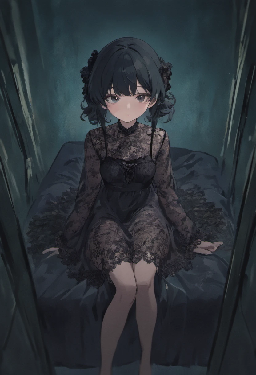 Best quality, masterpiece, ultra high res, (photorealistic:1.4), raw photo, 1girl, ((black lace nightgown)), ((small breast)), cold light
