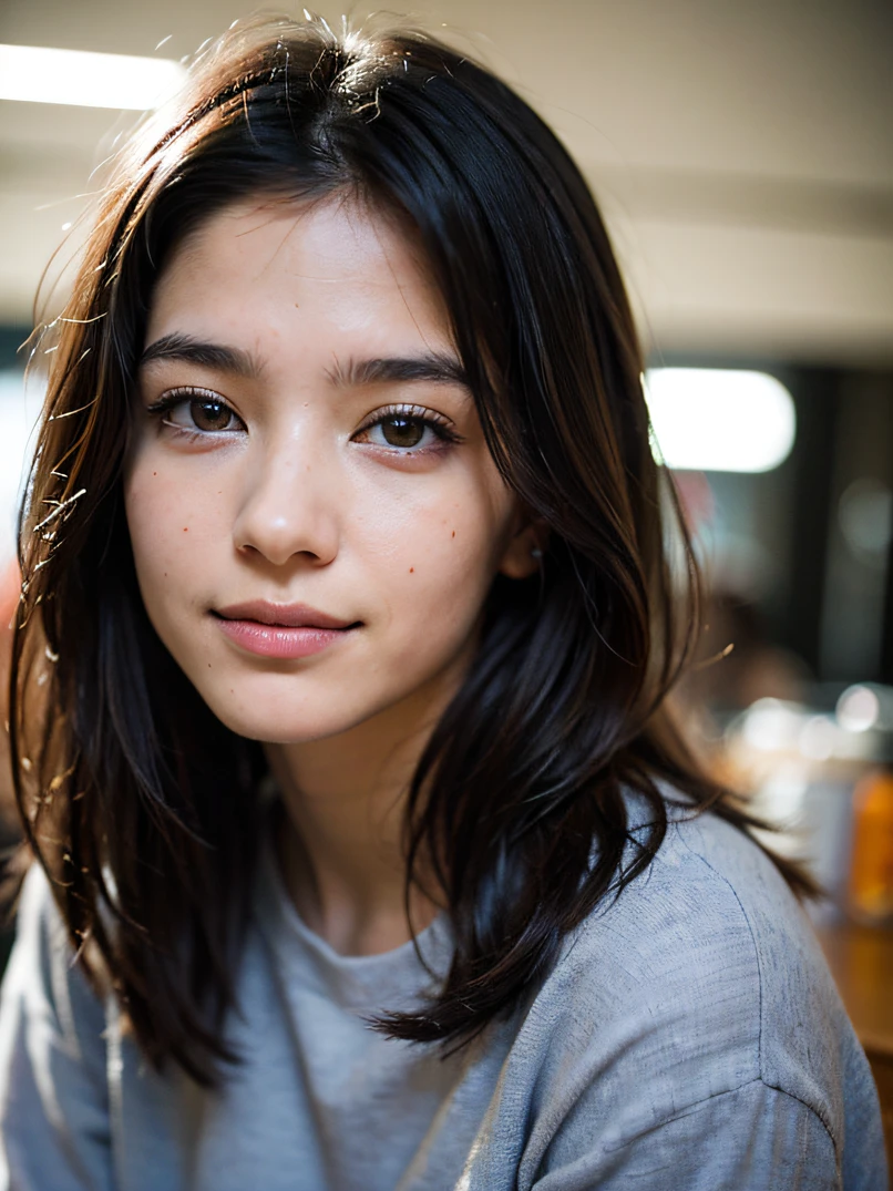 hightquality、hight resolution、masterpiece、foco nítido、photographrealistic、RAW Photography、lighting like a movie、Portrait of a 19-year-old girl、Loose dark brown hair、dark brown eyes、She is pale、hair messy、Simple clothes、21st century、She's tired、Comic Art Style、Happy smile