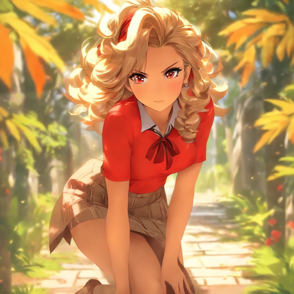 Obra maestra, La mejor calidad,4chica,Young girl, ciruela_Ojos de pastel, brown, bob entrecortado,envidioso _cara,piel brillante,senos medianos,nice leg line:1.3,muslos gruesos, cintura delgada,Uniforme escolar, muslosaltos,corbata,((pencil skirt)),tacones altos de color rojo,   pantys, , Senda_rayado_con_florido_cereza_flor_trees,,Mirando al espectador,desde abajo,cuerpo completo, legsupsexms,