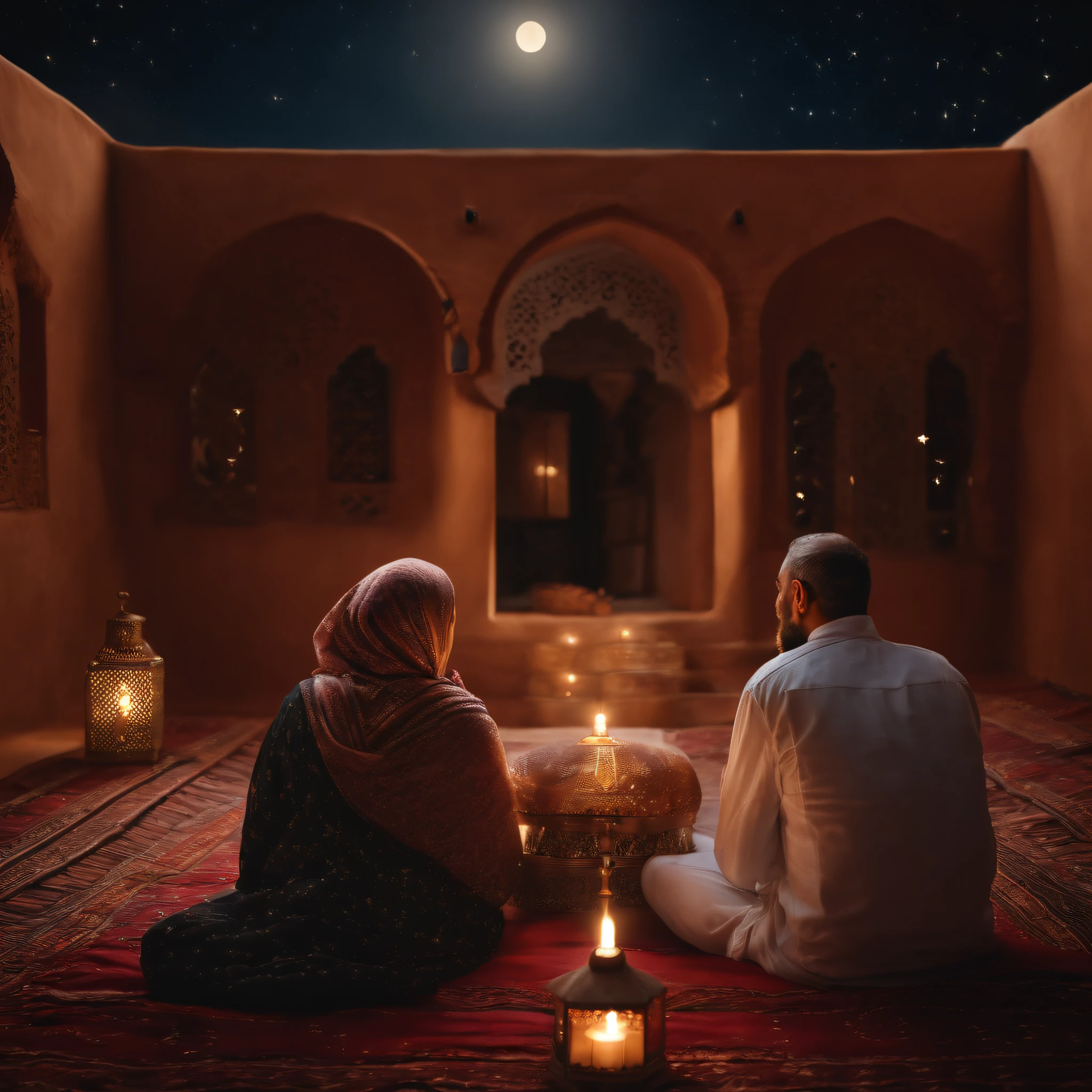 hyper realistic photo, ultra detailed photograph of a beautiful Moroccan rooftop, man and woman from behind, face hidden, towards view, praying together, photorealistic, riad rooftop, Amazigh pillows, Marrakech view, stunning moon, shimmering stars, iridescent, hyperrealism, moroccan lamps, Ultra photoreal, Intricate details, Ultra detailed, photorealistic, great high details, hyper real photo, 8k, extreme quality, gorgeous roses, exotic, glimmering lights, magical, romantic, wishing