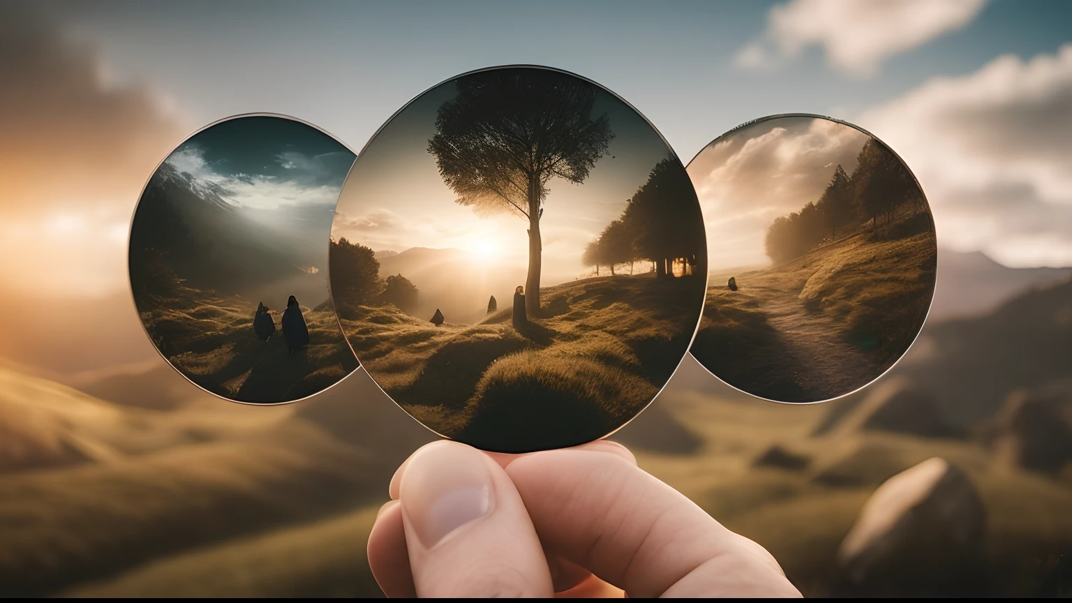 a person holding three mirrors in their hands with a sunset in the background, multiple perspectives, lens flair, oversaturated lens flair, lens orbs, landscape photo-reality, by Adam Marczyński, hyperrealistic landscape, beautiful landscape bokeh, landscape photo, horizon line focus, by Joseph Werner, photorealistic landscape, world seen only through a portal