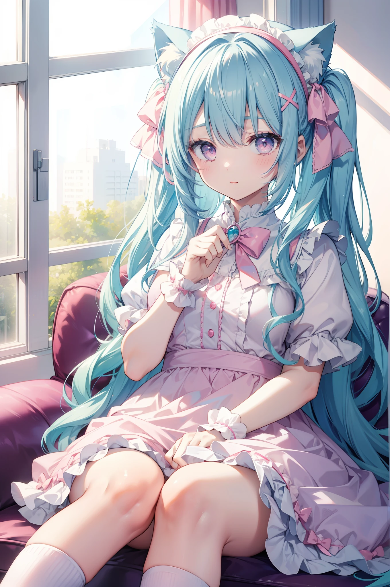 lightblue hair,Cat ears,Pink eyes,Light blue Lolita,white sock,pink bows,inside in room,sitting in the couch,Live Room