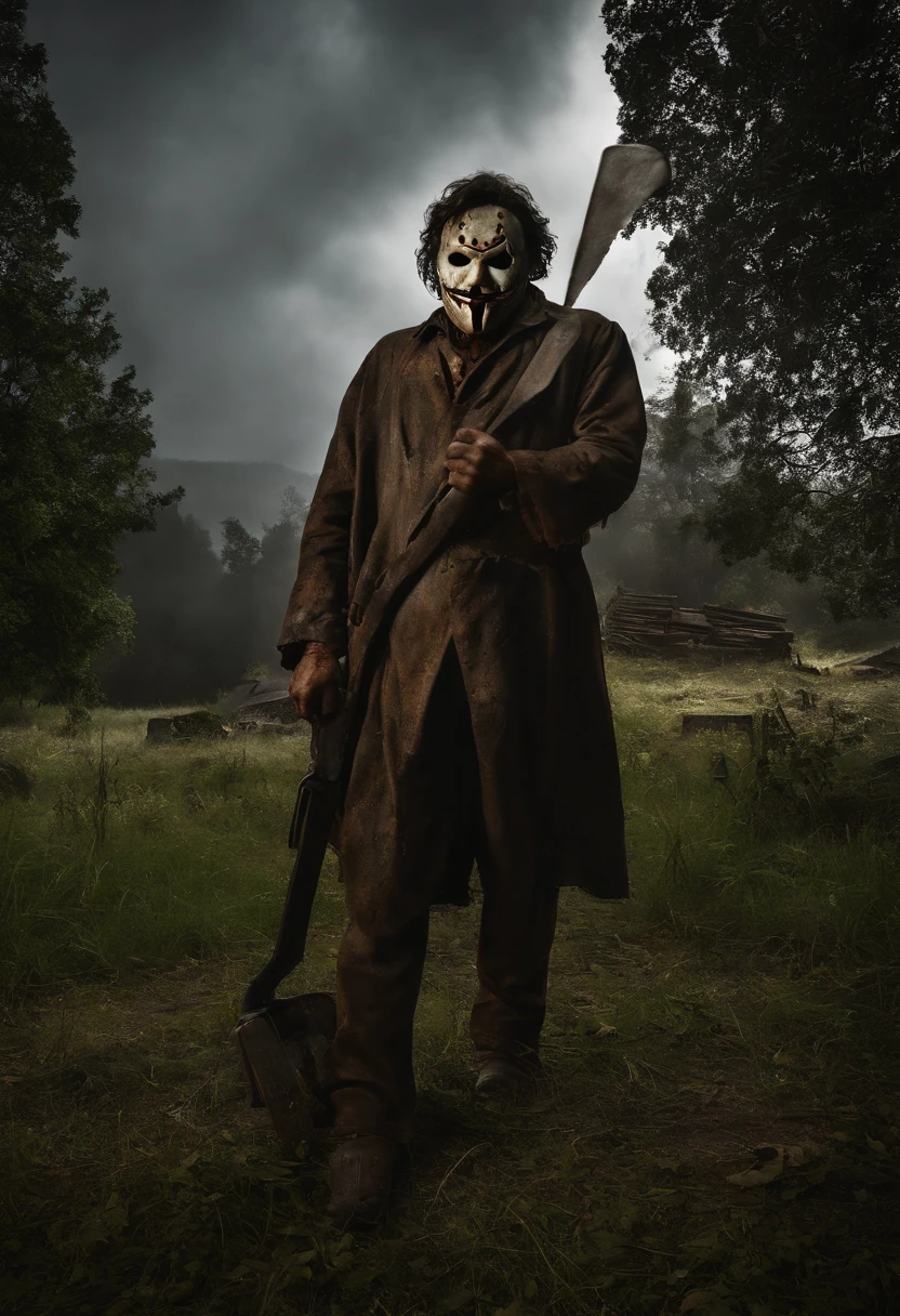 "Imagine a terrifying scene where Leatherface, the iconic killer from the movie "The Chainsaw Massacre", is in its macabre habitat. His mask of human skin fitted to the distorted face, revealing only a psychotic and insane look. Holding a rusty chainsaw with a blood-stained blade, His stance suggests an imminent threat, ready to attack its unsuspecting victims. The surrounding environment is gloomy and claustrophobic, com ganchos, correntes e restos humanos pendurados nas paredes, reinforcing the atmosphere of horror and despair. The shadows cast by the dim light create a sense of palpable suspense, enquanto o barulho ensurdecedor da motosserra parece ecoar pelos corredores sombrios, aumentando ainda mais o medo e a agonia da cena.”