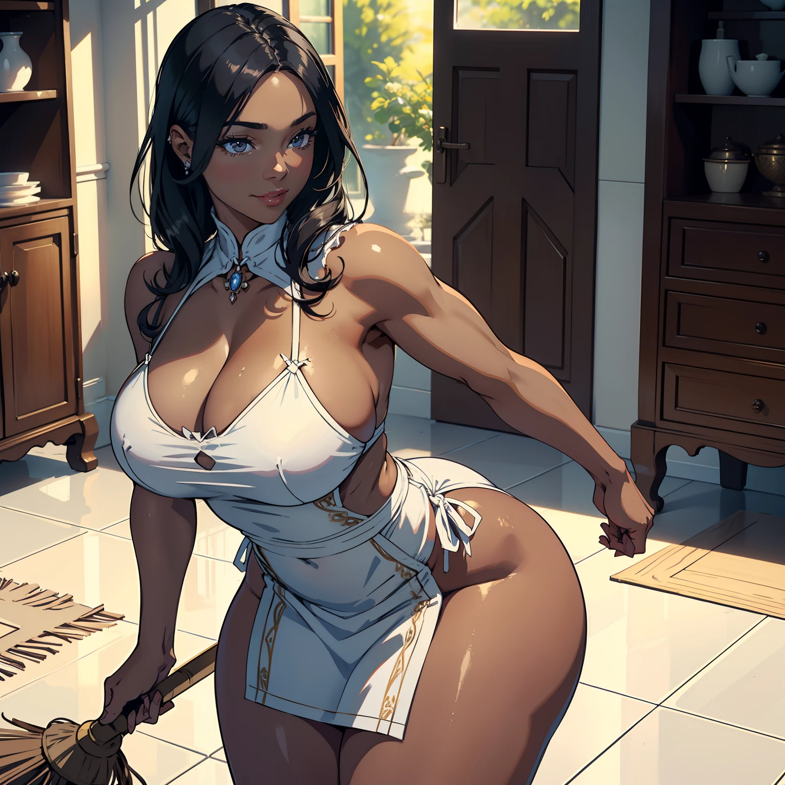 mature Maid ,Moisten Carmelto,(Sensual posture)，((clean the floor with a broom)), naked white apron ,((dark skin)),trending on artstationh, Sharp focus,, Intricate details, Highly detailed,, intricate face details,Curvy physique, Thick body,((Mature female))，at the kitchen，vibrant, 4K, Intricate details, big breasts enchanting, Professional manufacturing,  12k resolution,(Seductive smile),Black hair