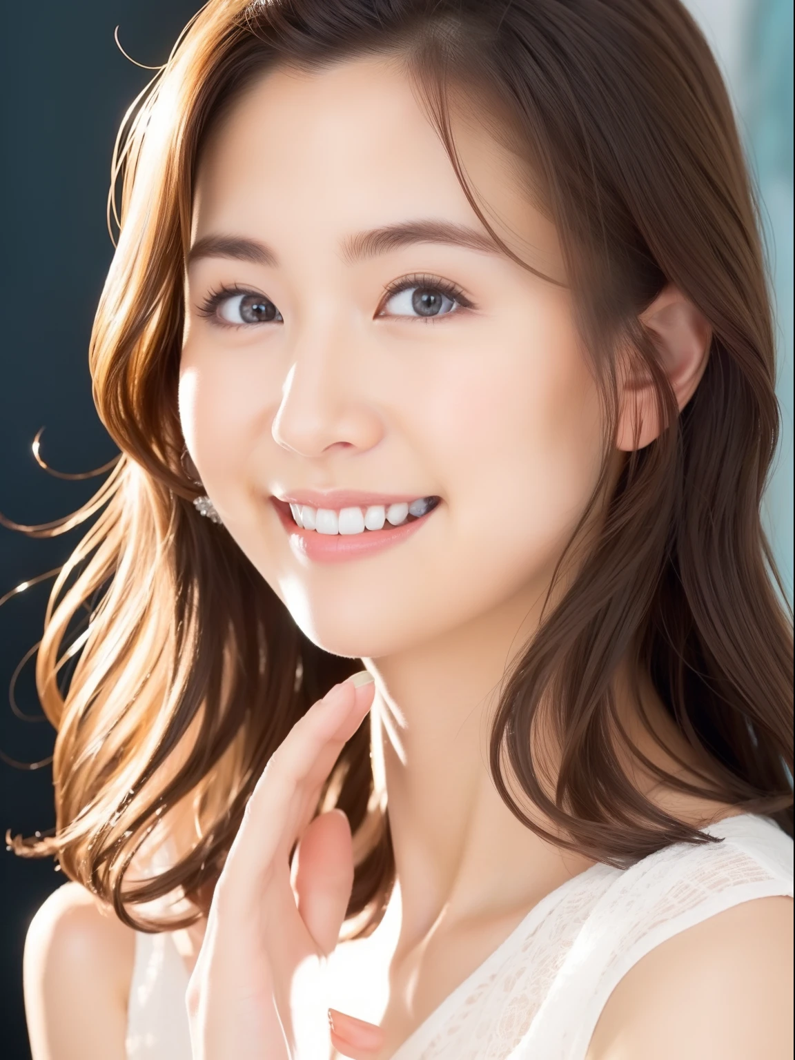 Japanese ),((beautiful girl)),cleavage,An expression that imagines something pleasant:1.2,(perfect body beauty:1.2),((perfect body)),(shy smile),beautiful teeth,