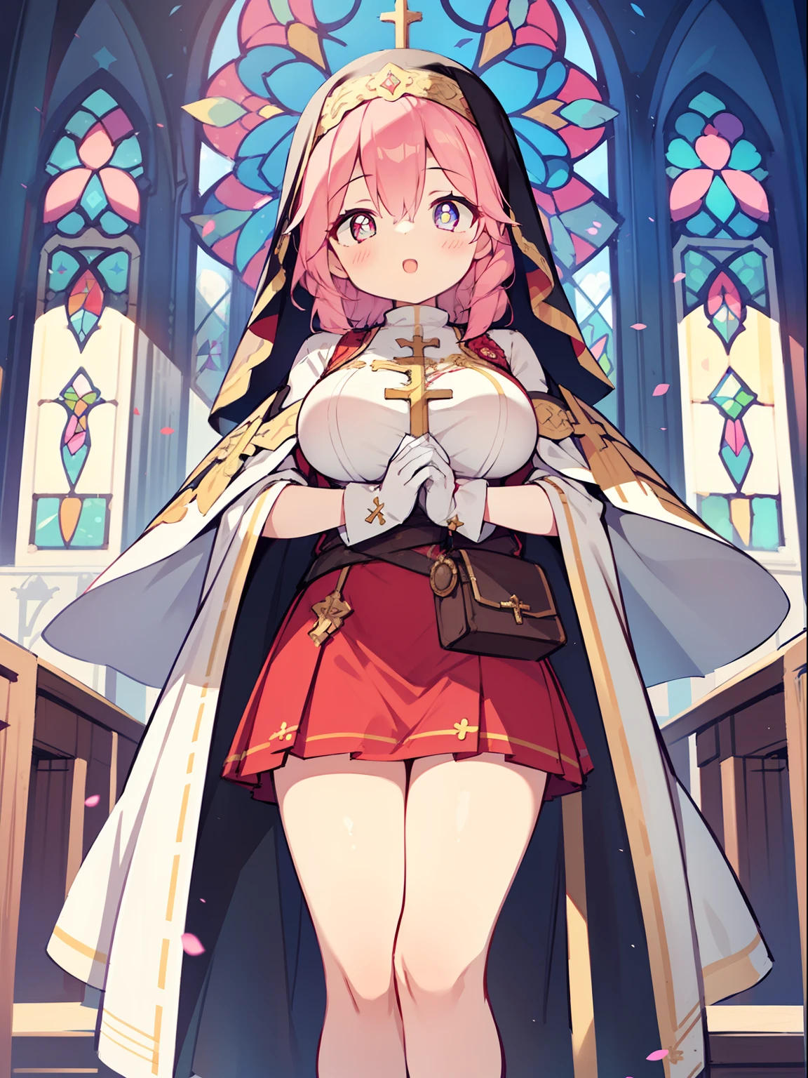 (1girl in:1.2), (Solo:1.2), nffsw、Shaders、Brilliant Textured Work、Ultra-detailed eyes、ultra-intricate pupil in eyes、top-quality、Pink hair、Pink monastic clothing、sister、clergyman、chies、stain glass、Cross Figurines、Red carpet with gold embroidery、(Close both eyes)、(Prayer Pose)、a miniskirt、Sister's Veil、Standing Picture、Open your mouth and laugh、length hair、straight haired、Sister's Shoes、White long gloves、large full breasts、Breast pouches、sketch、