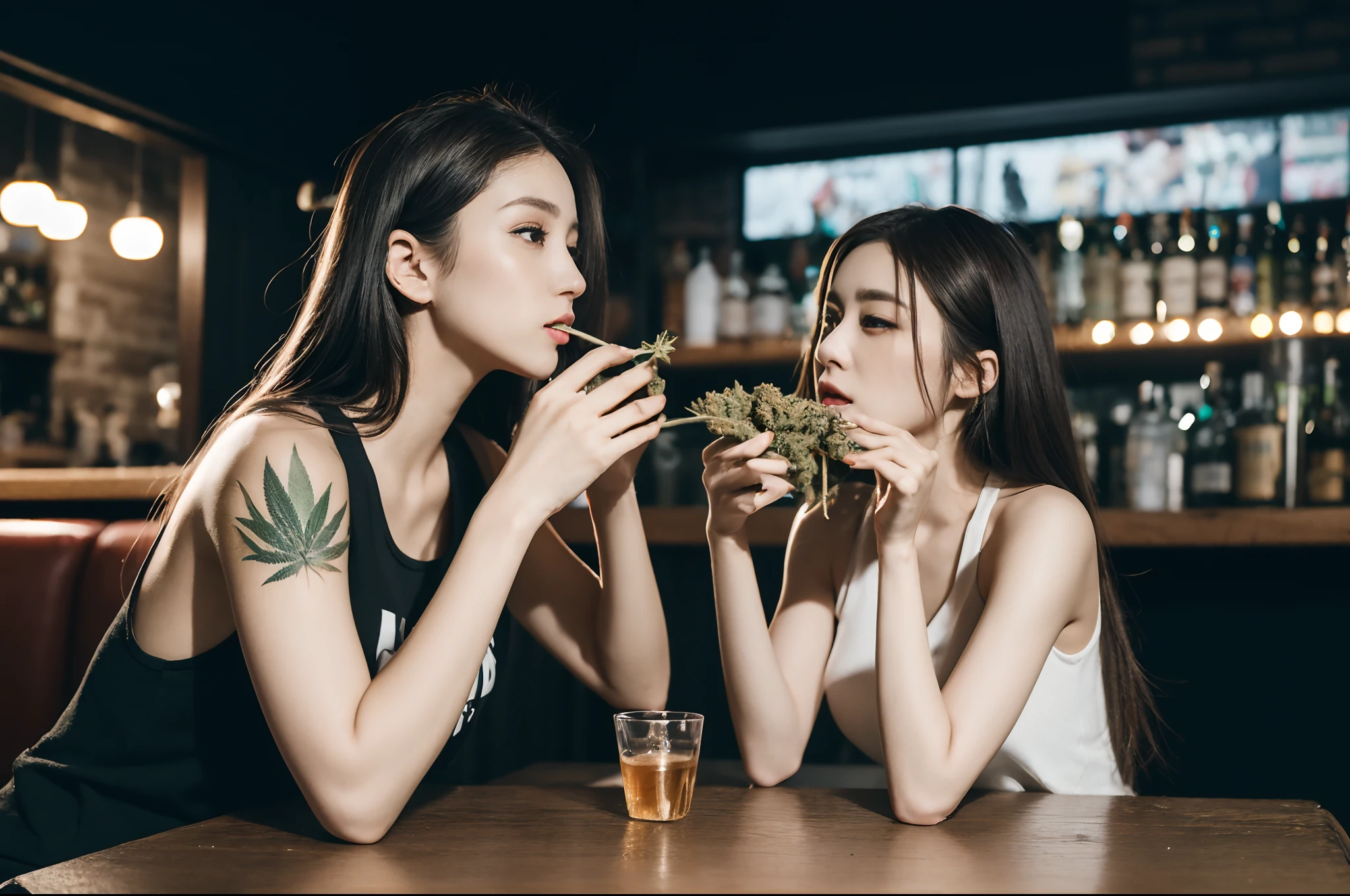 A lot of cannabis on the table、Cannabis buds、Woman smoking cannabis in café、Massive amount of white smoke from the mouth、Tattoos on the body